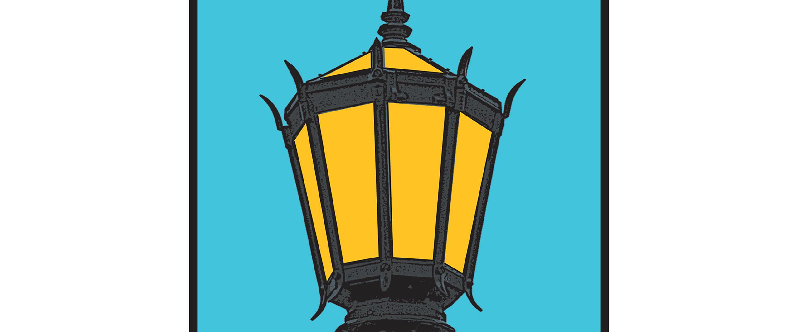 Stylized graphic of a street lamp with a black frame and glowing yellow panels, set against a bright blue background.