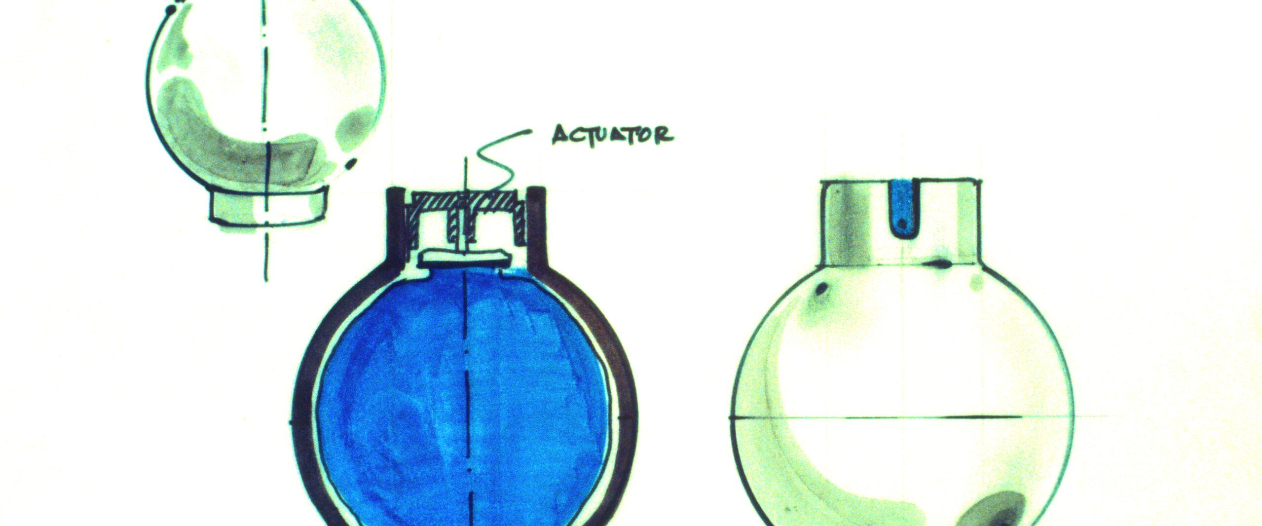 Technical drawing of a spherical object with cross-sectional view highlighting internal components, including a blue section labeled "actuator." The design shows three aspects: front, side, and interior view.
