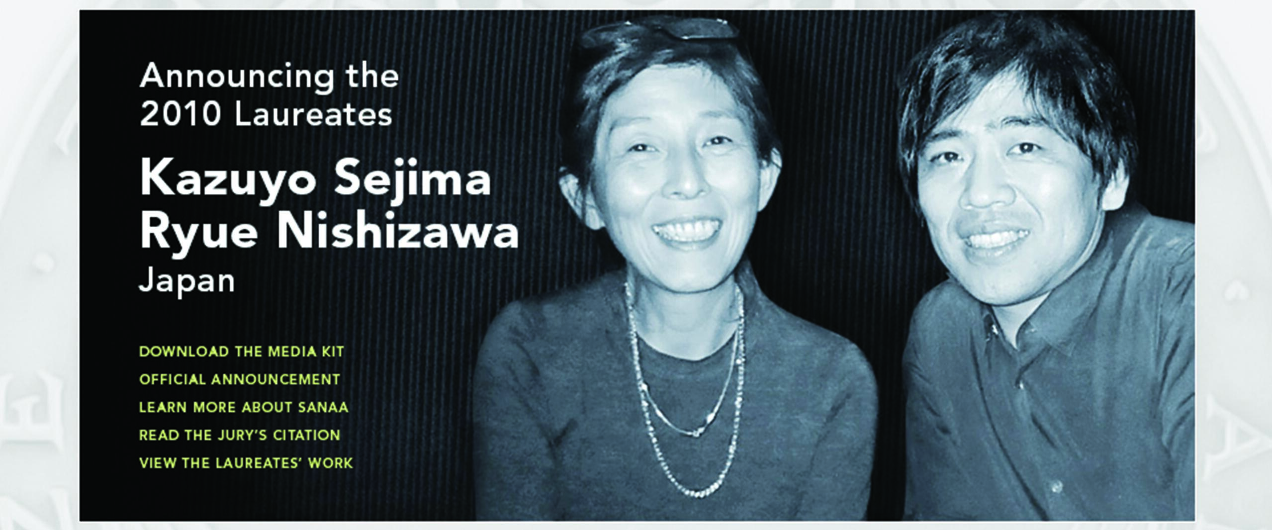 Website homepage of The Pritzker Architecture Prize, featuring black-and-white portraits of 2010 laureates Kazuyo Sejima and Ryue Nishizawa smiling, with navigation links to sections like media kit and jury.