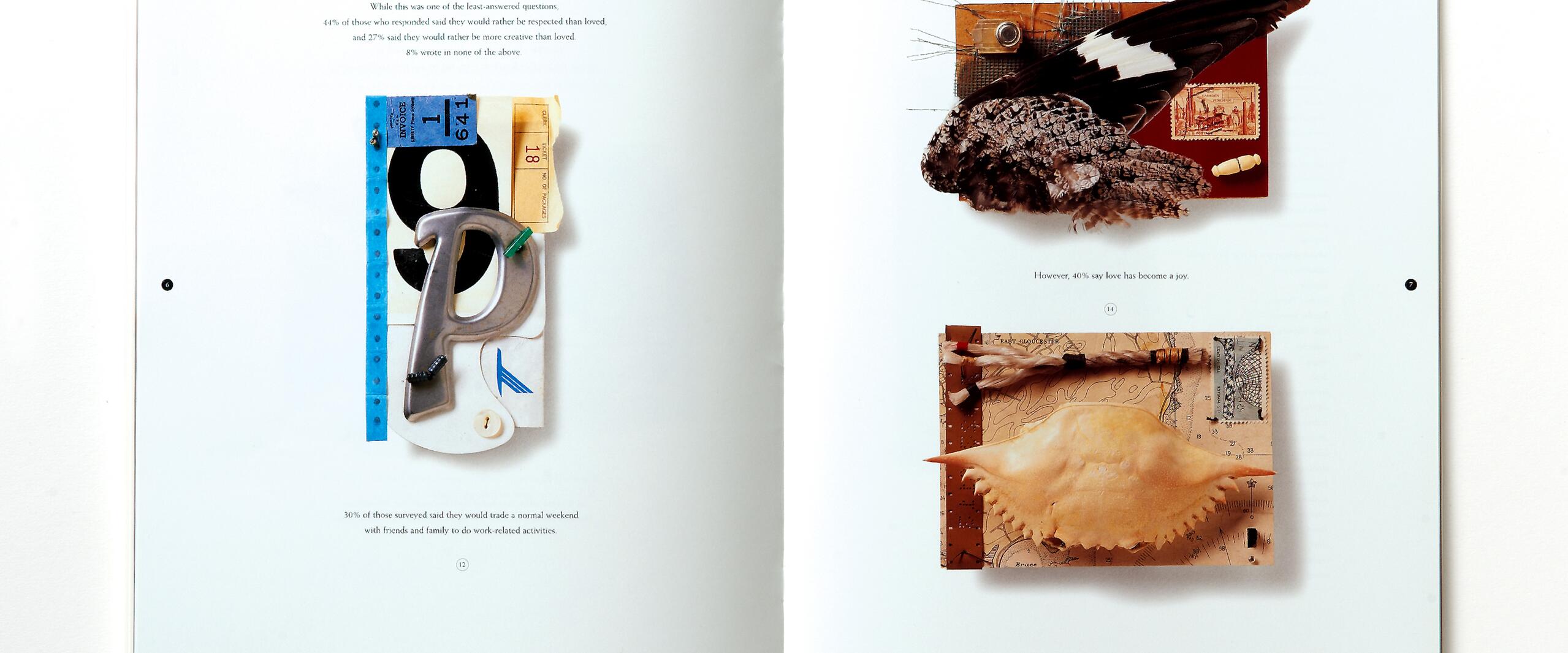 Open book spread showing abstract collages. Left page: blue ruler, tape, and letter "P". Right page: feathered object and a crab shell on maps. Text is interspersed between images.