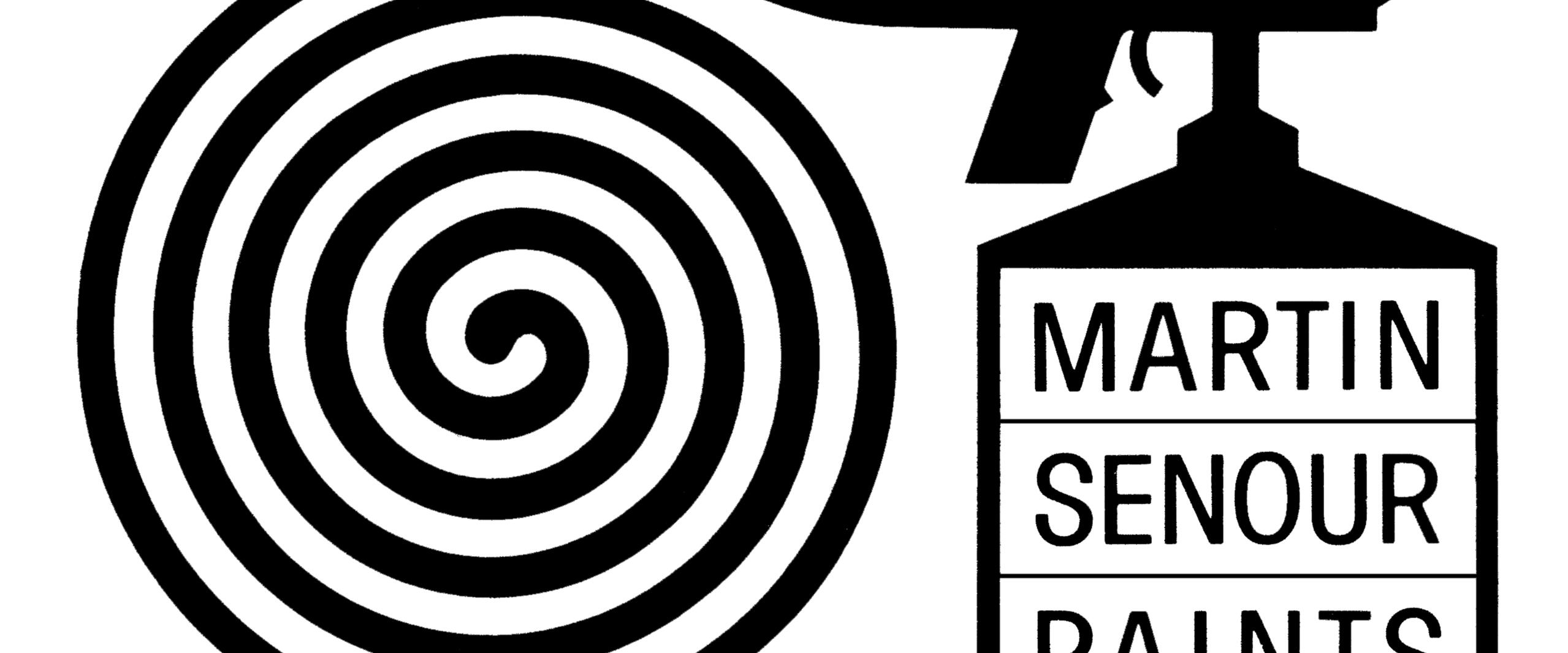 Graphic of a paint spray gun with a spiral pattern emerging from the nozzle. The canister is labeled "Martin Senour Paints" in bold letters.