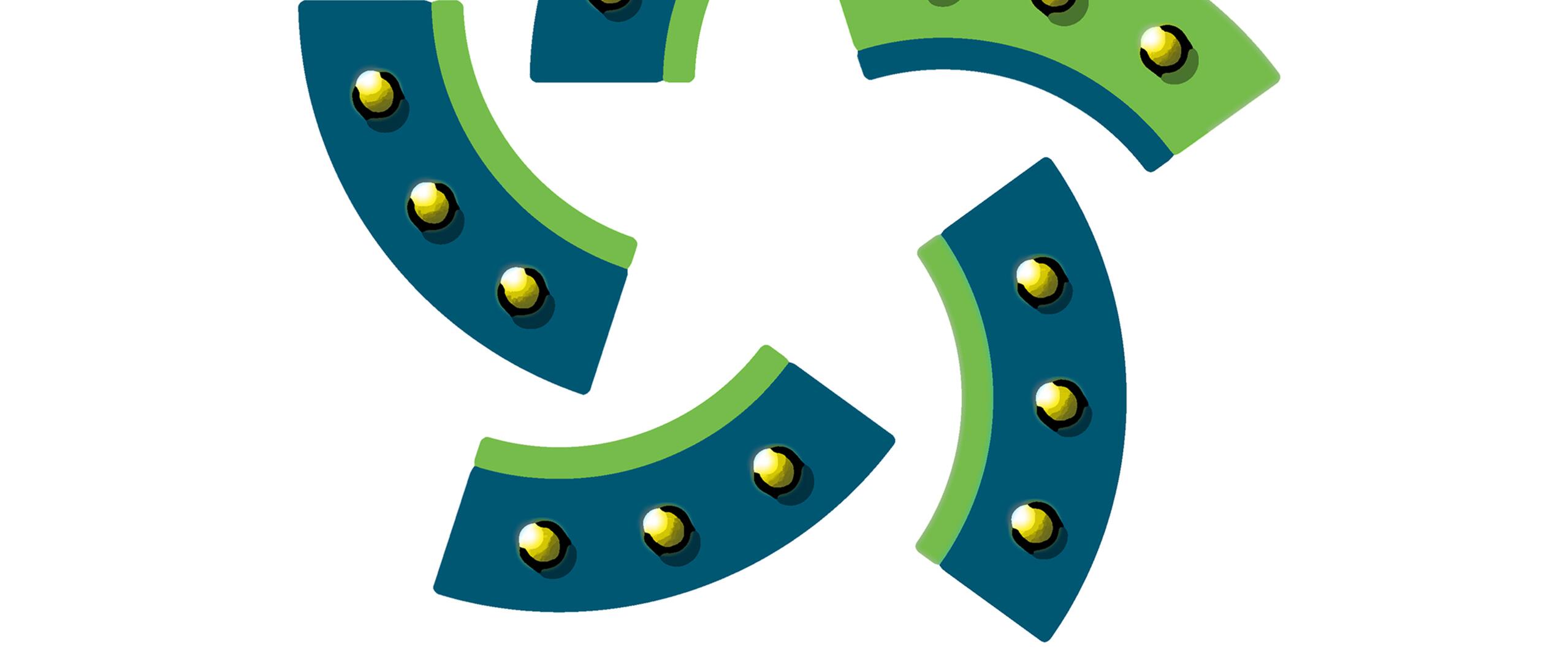 Logo for The Jade Circus School with a green and teal circular design made of curved segments and gold dots.