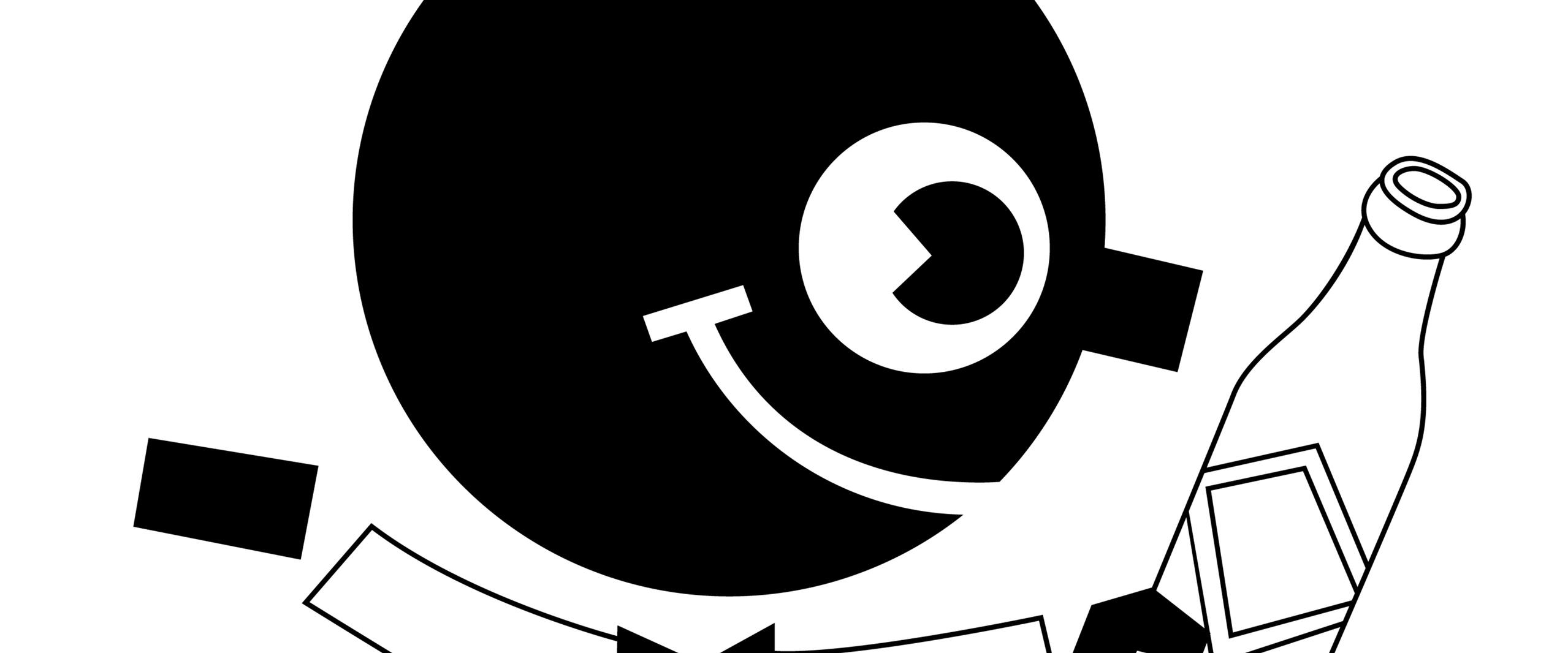 Cartoon character with a large round head, wearing a sailor hat labeled "Crushito." The character has one eye, a smiling mouth, a bow tie, and holds a bottle in its hand. Black and white graphic.