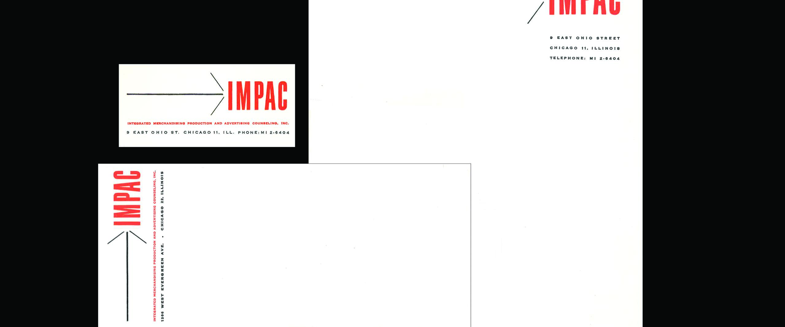 Stationery set featuring a letterhead, envelope, and business card with "IMPAC" in bold red text accompanied by an arrow. White background with black text detailing address and contact information.
