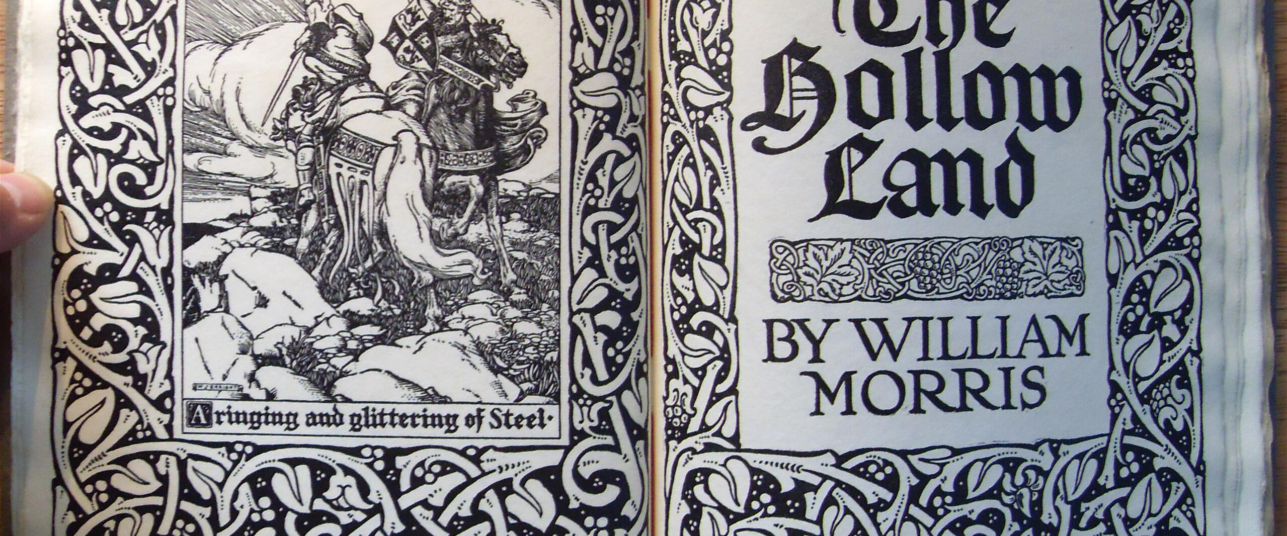 Illustrated book pages titled "The Hollow Land" by William Morris, featuring intricate black-and-white Celtic knot designs. On the left, a detailed drawing of knights on horseback.