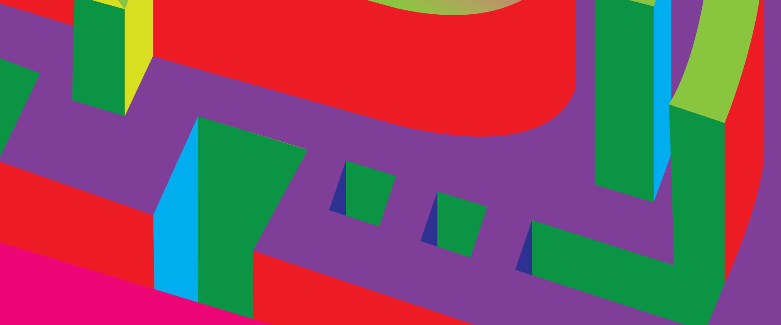 Abstract graphic with bold, colorful geometric shapes in red, green, pink, blue, and yellow on a purple background, creating a vibrant and dynamic pattern.