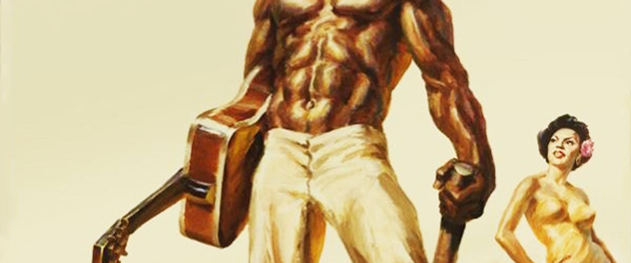 Muscular man holding a guitar and a sledgehammer, wearing chains and standing powerfully. A woman in a dress stands nearby. Painting style evokes strength and mythic quality.