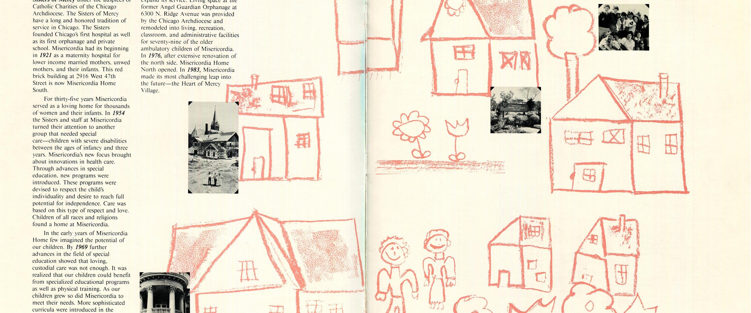 Brochure page with text about Misericordia's heritage, featuring simple red crayon drawings of houses, flowers, and people. Contains several small black-and-white photographs integrated into the illustrations.
