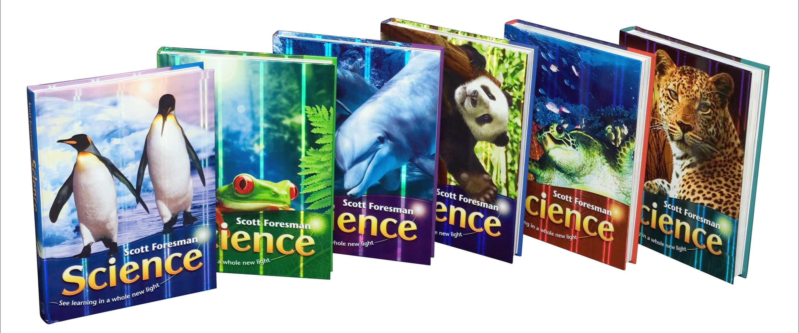 Textbooks titled "Scott Foresman Science" with covers featuring animals: penguins, a red-eyed tree frog, a dolphin, a panda, a sea turtle, and a leopard.