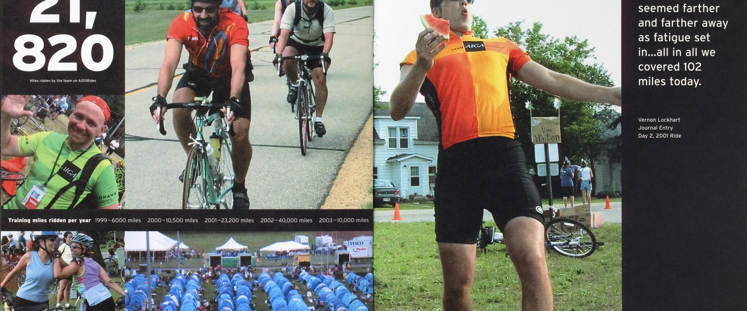 Cyclists in colorful jerseys ride on a road with a cyclist in the foreground smiling. Below, a campsite with rows of blue tents. On the right, a person in an orange jersey poses animatedly with a watermelon slice. Text highlights riding achievements.