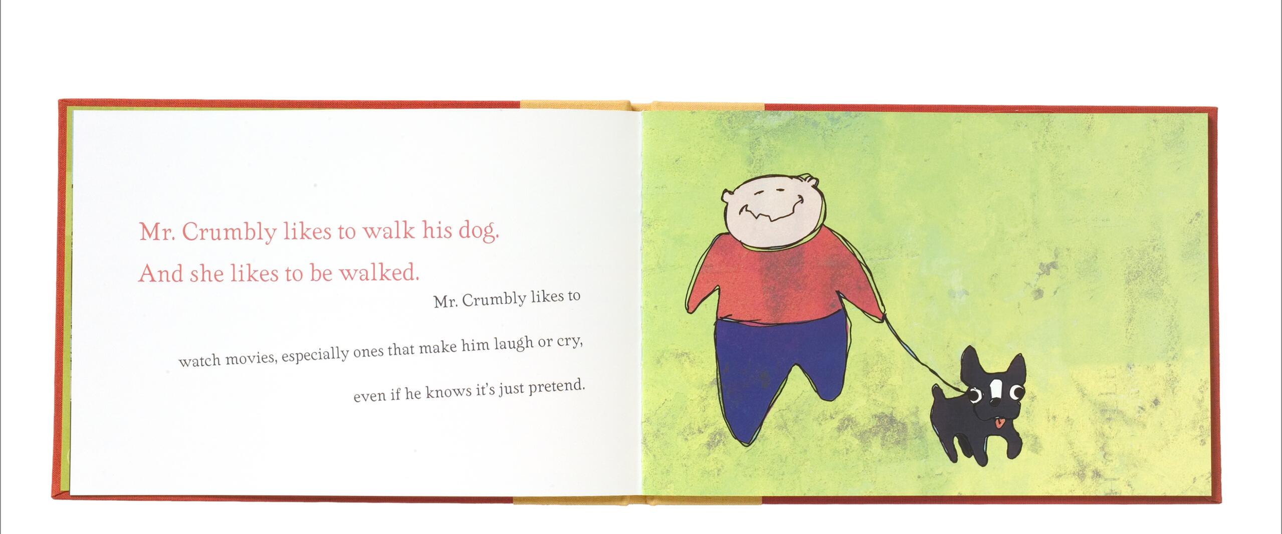 A storybook illustration with a smiling man in a red shirt and blue pants walking a happy black dog on a leash against a textured green background. Text on the left side reads about walking the dog and watching movies.