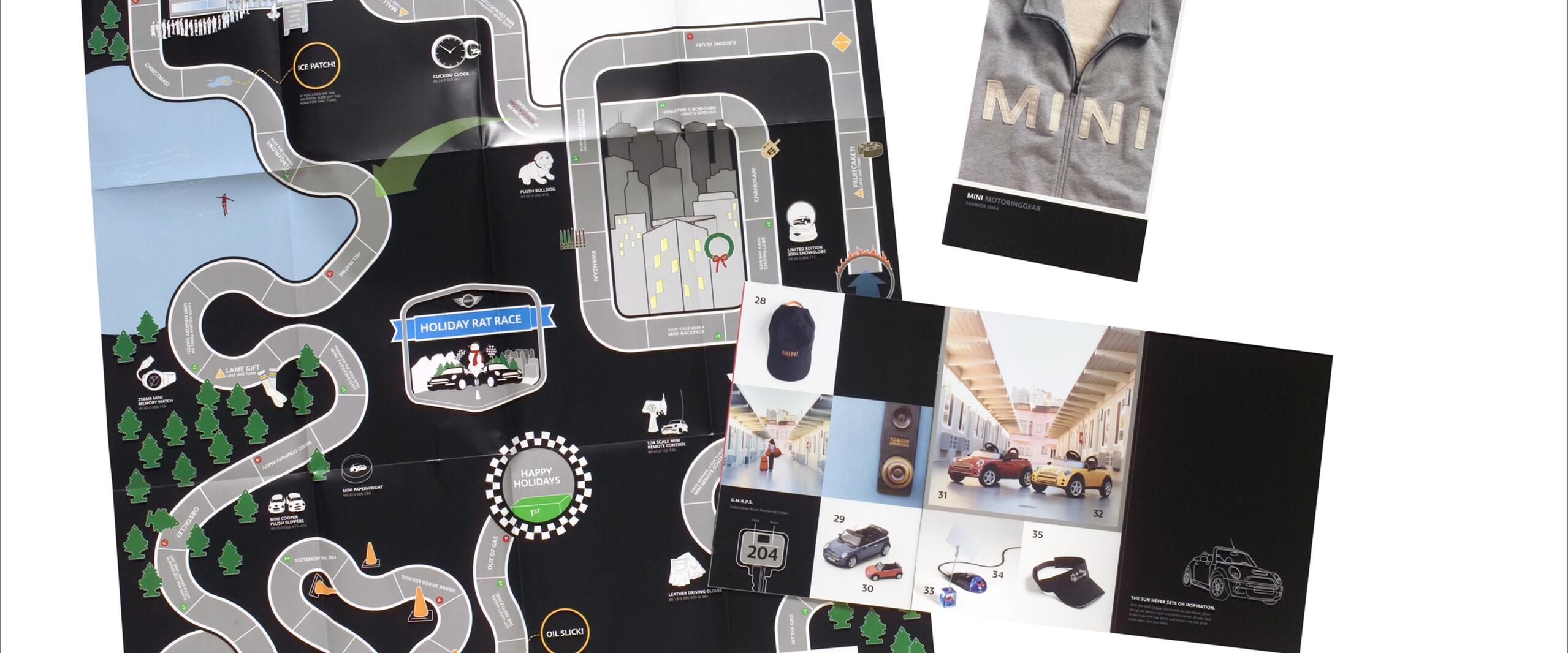 Board game map with a winding track through snowy mountains and forests, featuring icons like ice patches and oil slicks. Accompanied by a MINI clothing advertisement and images of cars and accessories.