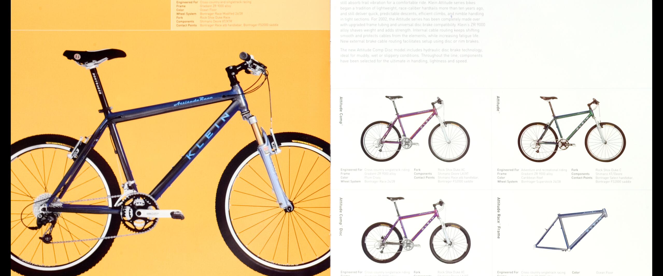 Catalog pages displaying Klein bicycles, featuring a large blue mountain bike against an orange background on the left, and smaller images of different bike models and a bike frame with specifications on the right.