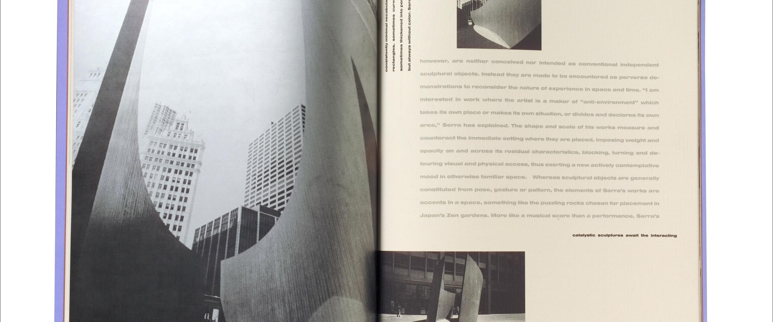 Open book showing a black and white photograph on the left page featuring curved architectural structures against a cityscape with tall buildings. The right page contains text and a smaller photo of a similar structure in a different setting.