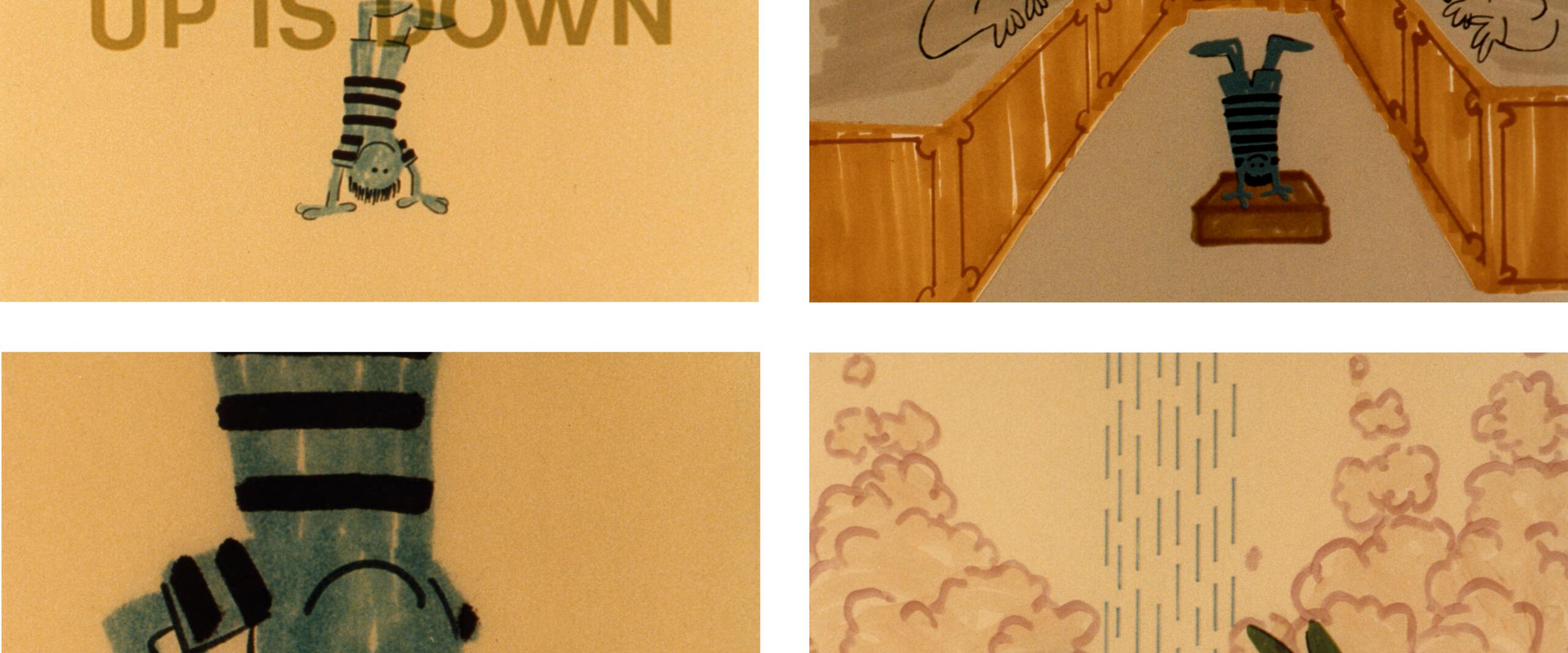 Four-panel comic: a person does a handstand with "UP IS DOWN" text; stands upside down at the end of a hall with trees on the walls; a close-up of their upside-down frown; and finally, relaxed in a bathtub with feet sticking up, steam rising.