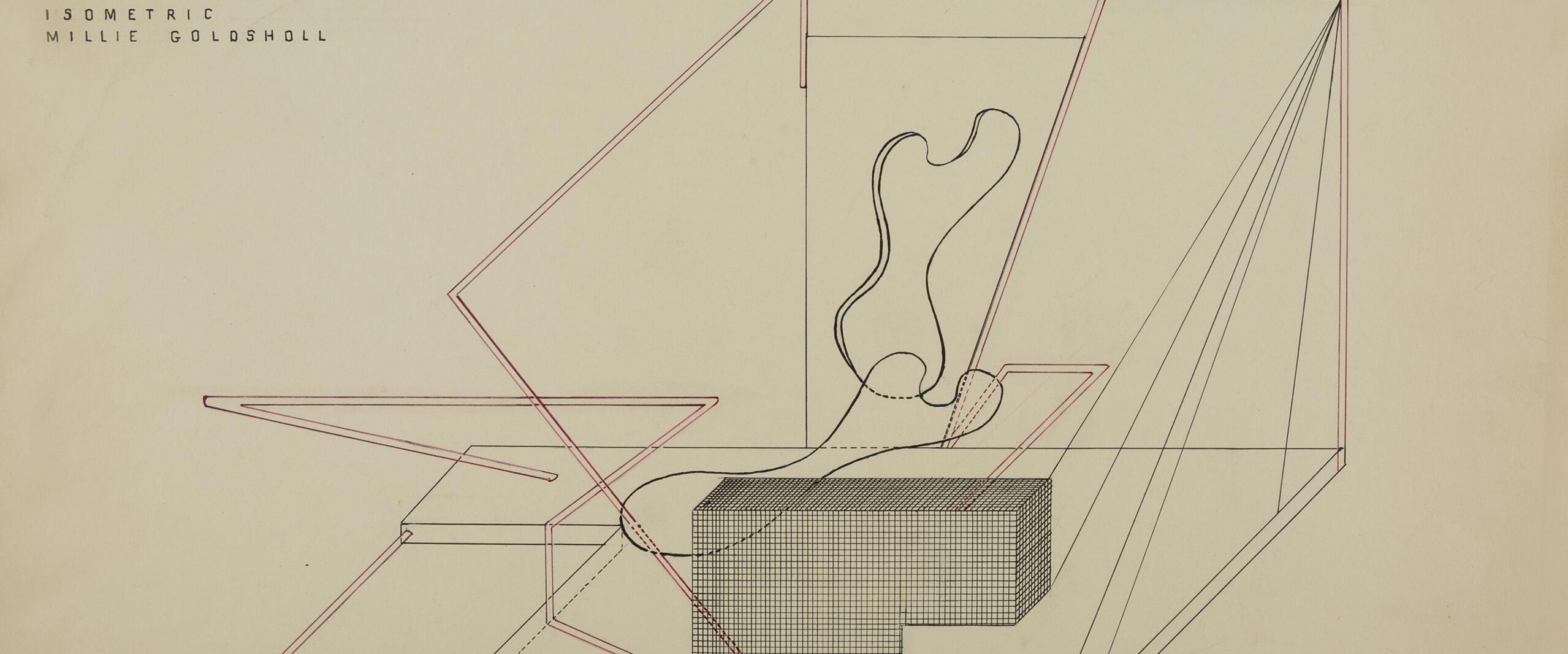 Abstract line drawing with geometric shapes, including red and black outlines, grid patterns, and a fluid black form, set on a beige background.