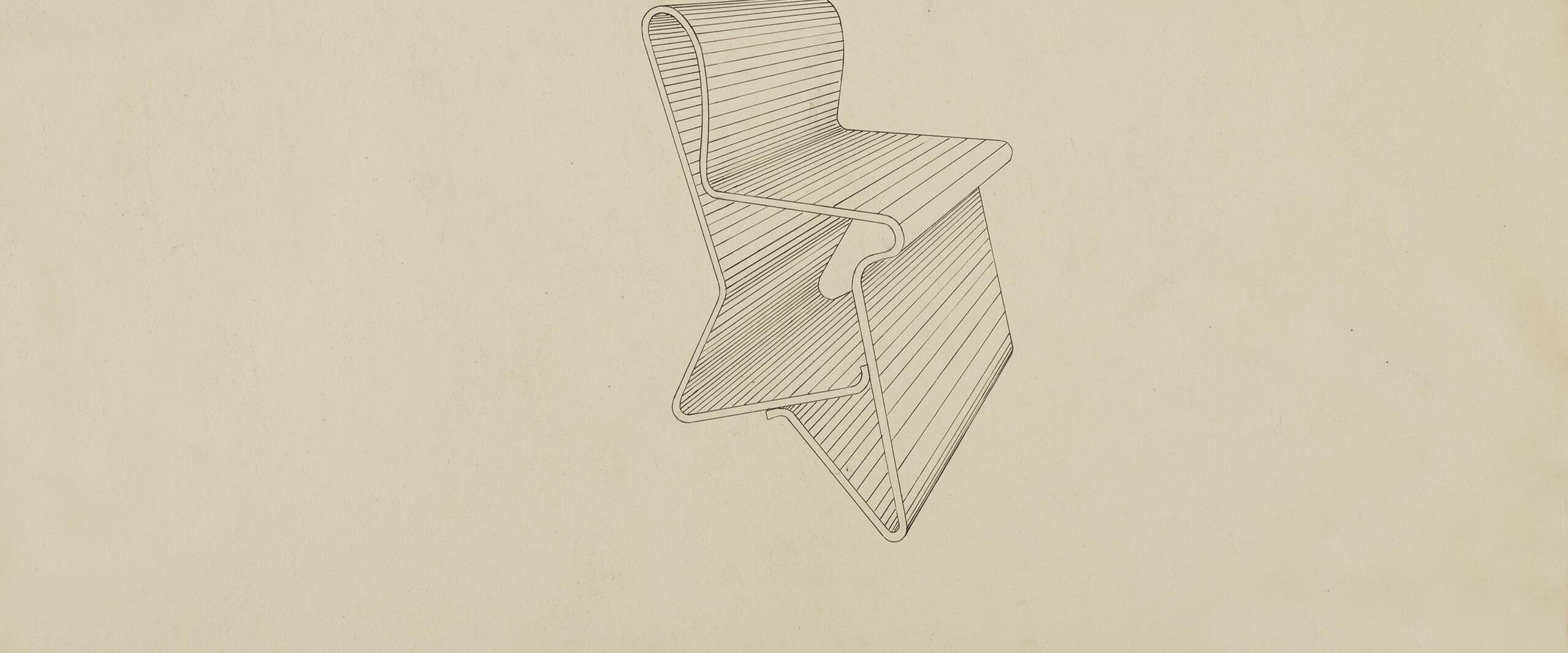 Line drawing of a sleek, modern one-piece chair with flowing curves and geometric lines on a beige background.
