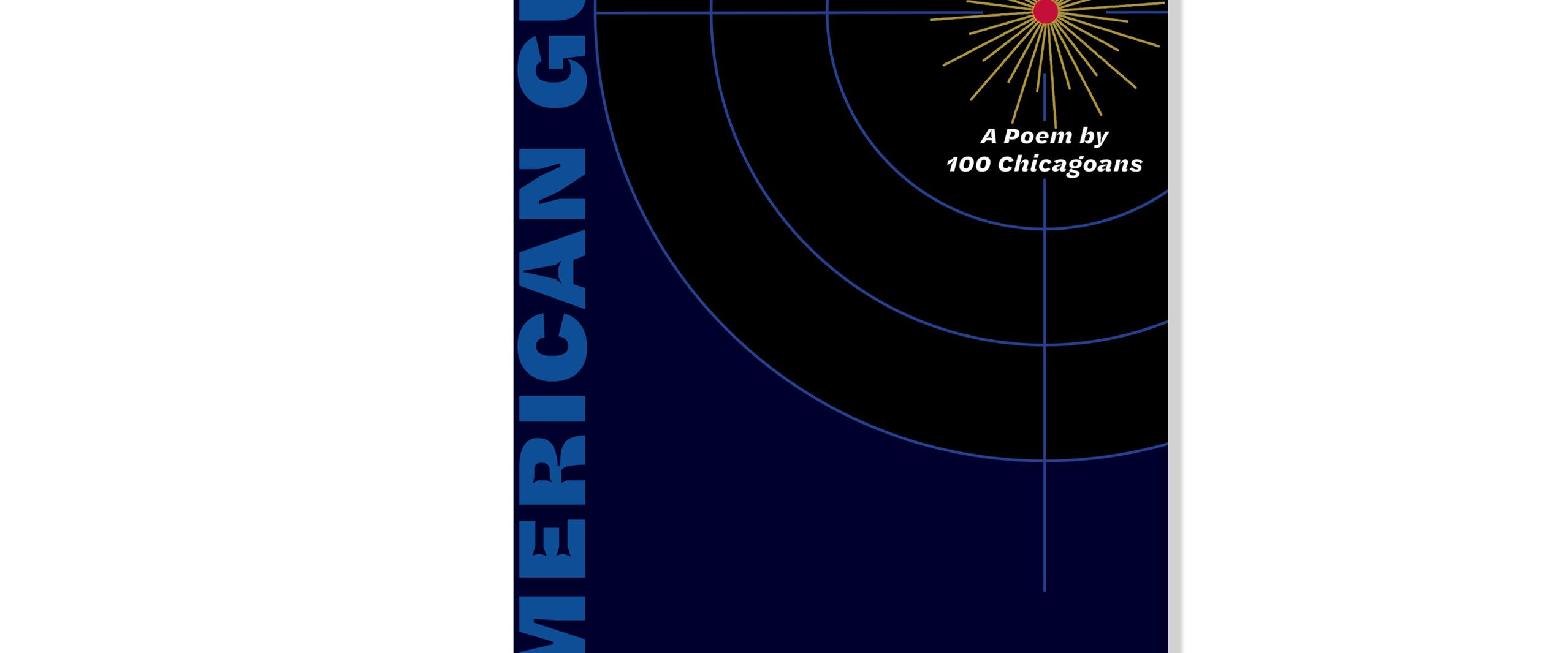 Dark blue book cover with concentric circles and a gold starburst design. The title "AMERICAN GUN" is vertically aligned on the left. Red and gold text notes contributors and editor.