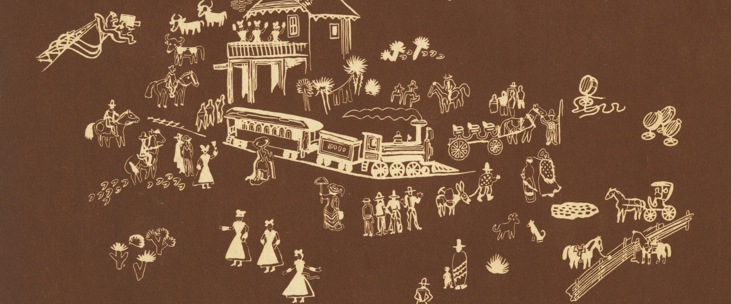 Vintage illustration on brown background depicting a scene with a train, house with people, cowboys, horses, and carriages. The style is rustic with white outlines and includes the name "Fred Harvey" in the top right corner.