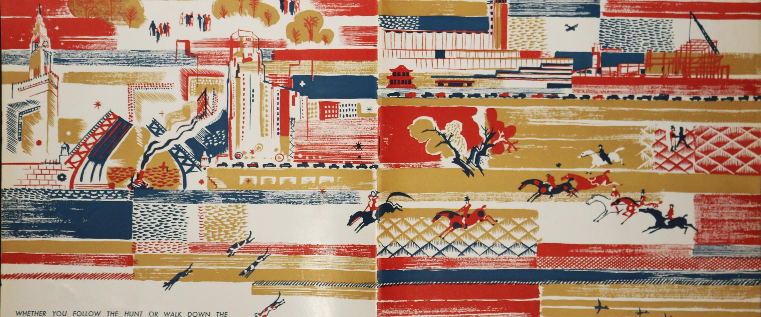 Vintage advertisement with stylized illustrations of cityscapes, horses, and people, in red, blue, and mustard yellow. Text reads "Fashions of the Hour," promoting autumn fashion of 1932 by Marshall Field & Company, Chicago.