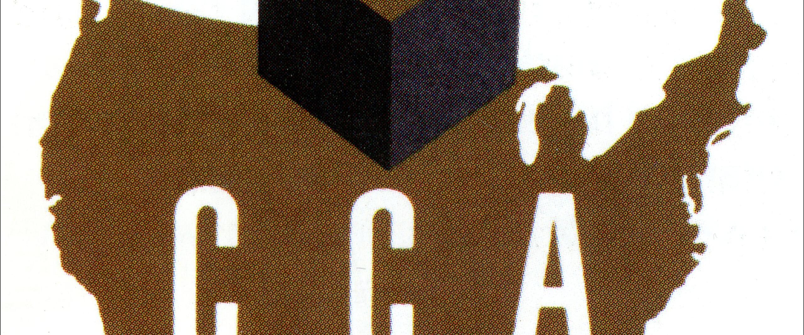 Silhouette of the United States with the letters "CCA" and a black cube on top, creating a logo design.