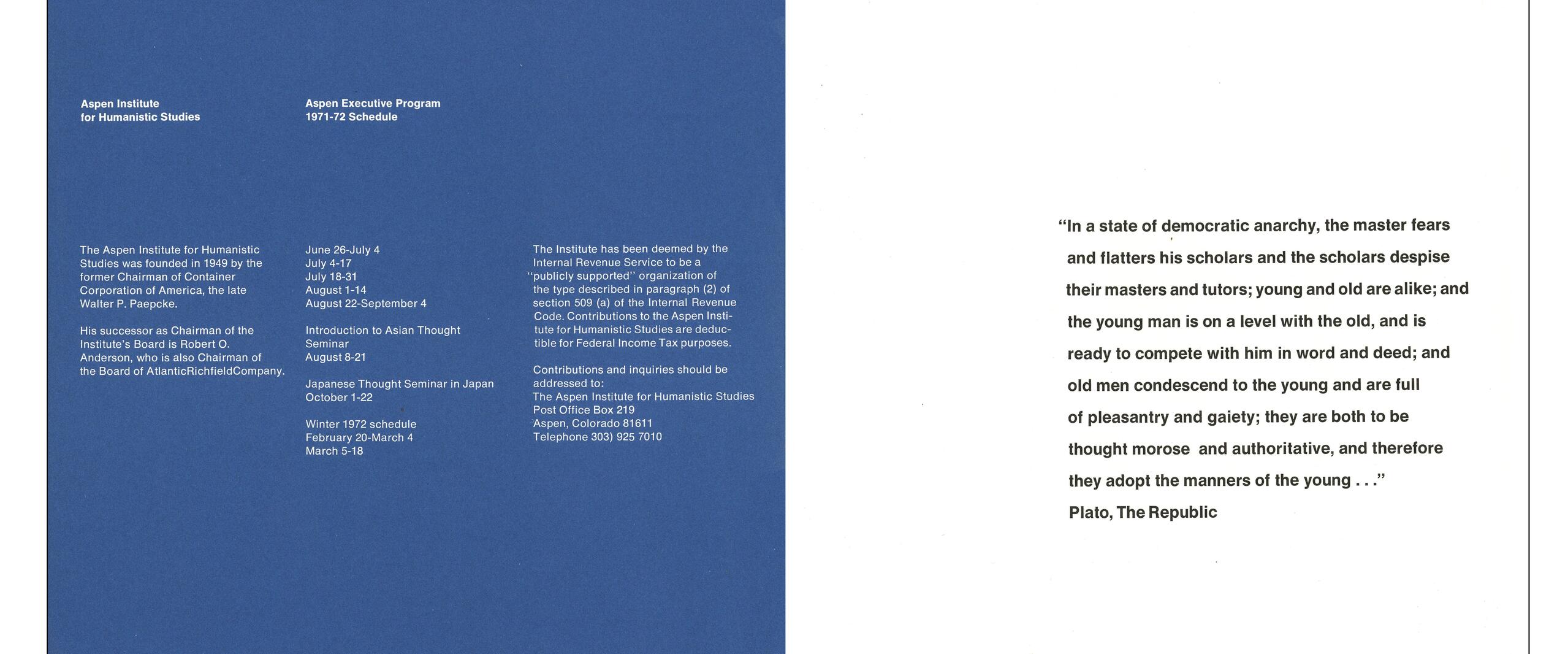 Blue and white brochure for the Aspen Institute for Humanistic Studies. Left side lists program details and contact information. Right side features a quote from Plato's "The Republic."