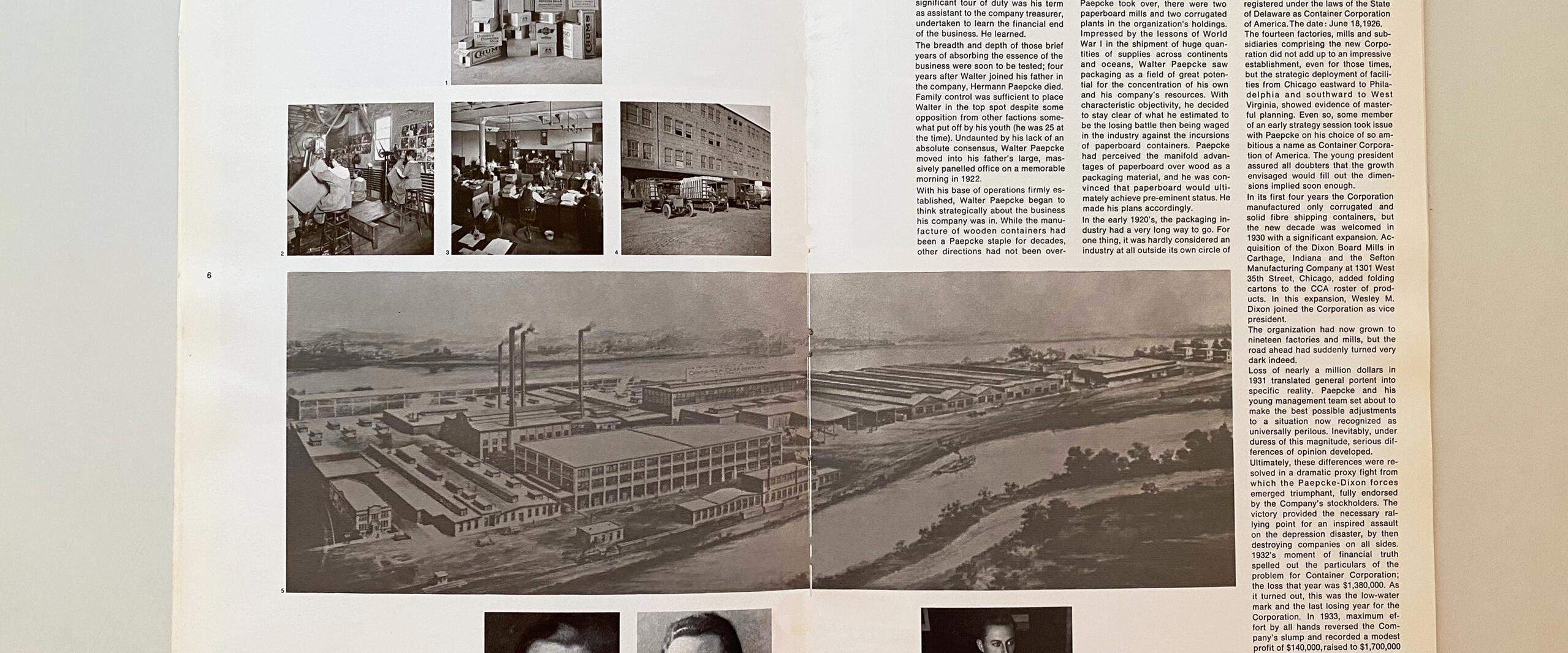 Open magazine spread with black-and-white images of factories, a warehouse interior, office workers, and portraits of three men. A large illustration of an industrial complex spans the center. Text columns fill the right-hand page.