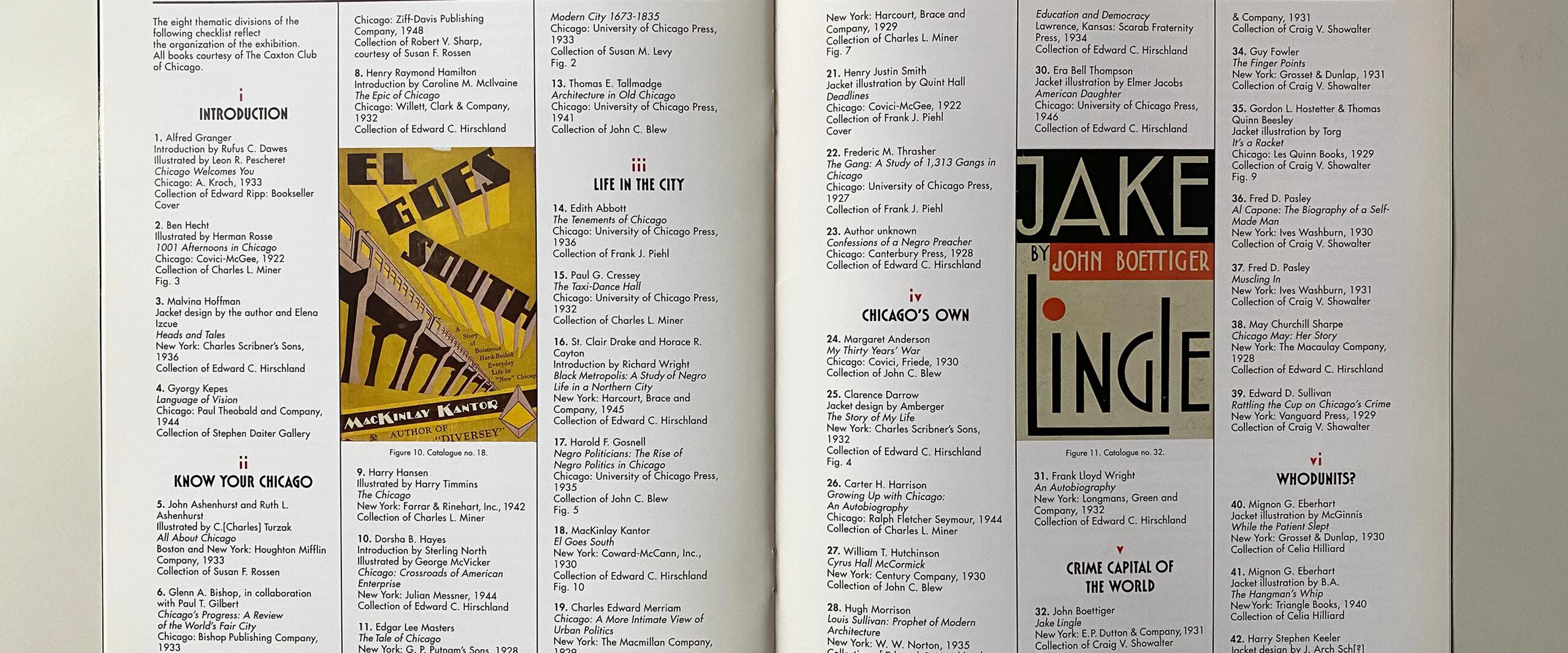 Two-page spread from a book, titled "CHECKLIST," listing books and authors. Includes two book cover images: "El Goes South" by MacKinlay Kantor, and "Jake" by John Boettiger. Text is organized in columns under headings like "Introduction" and "Life in the City."