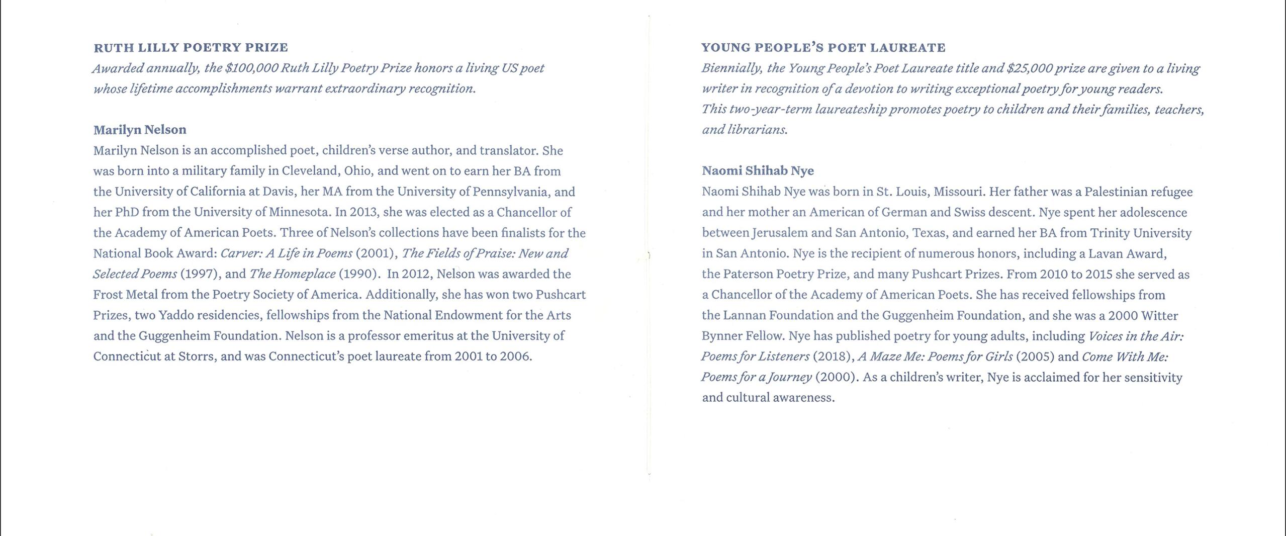 Text detailing the Ruth Lilly Poetry Prize awarded to Marilyn Nelson and the Young People's Poet Laureate title awarded to Naomi Shihab Nye, recognizing their contributions to poetry.