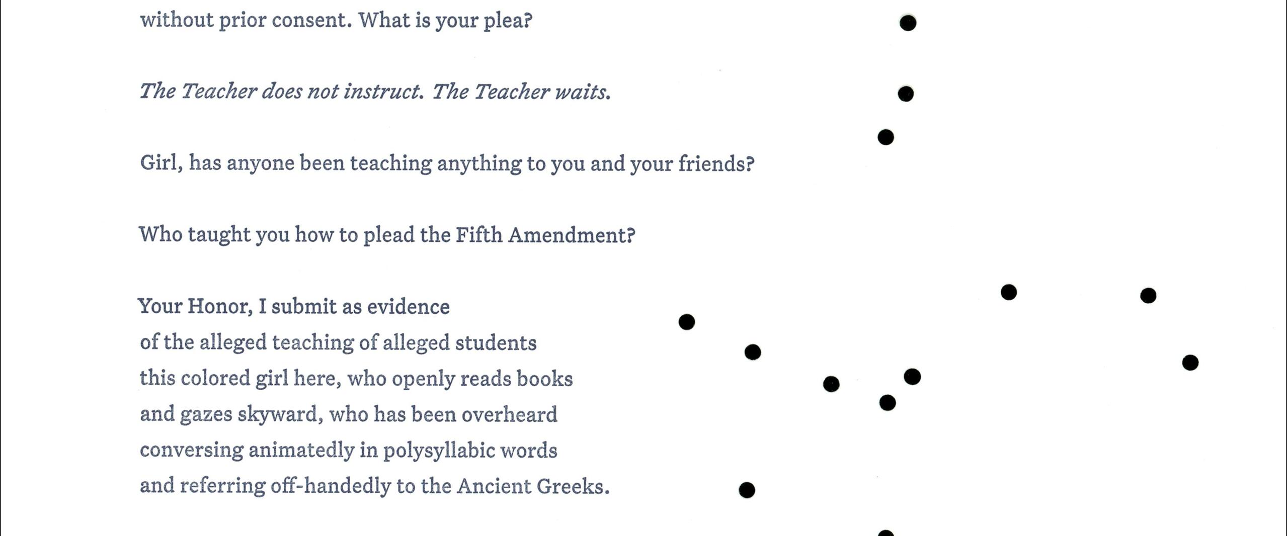 Typed poem titled "The Tao of the Trial" by Marilyn Nelson, interspersed with black circles. Below the poem is a cursive signature and small text crediting the Poetry Foundation and publication details.