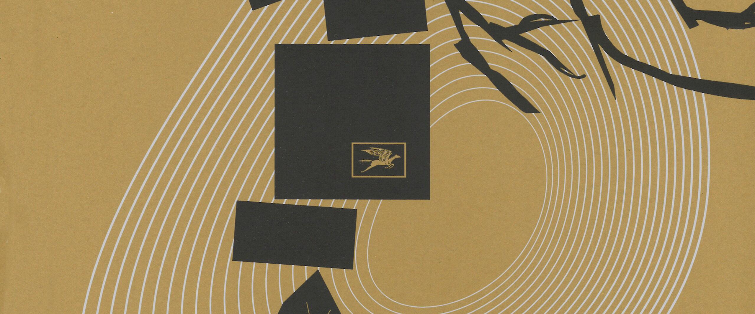 Abstract graphic with black geometric shapes on a mustard background, intersected by curved white lines and jagged black branches. One rectangle features a small yellow icon of a winged creature.
