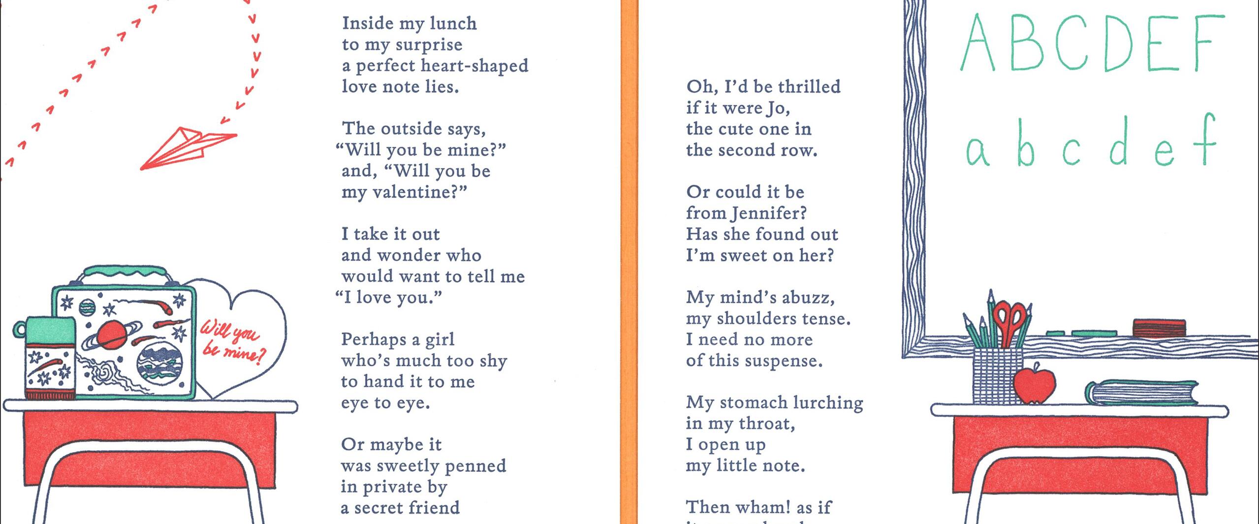 A poem titled "Lunchbox Love Note" with illustrations. On the left, a desk holds a lunchbox with planets and a heart-shaped note. On the right, a chalkboard shows "ABCDEF, abcdef." Red paper planes fly across the page.