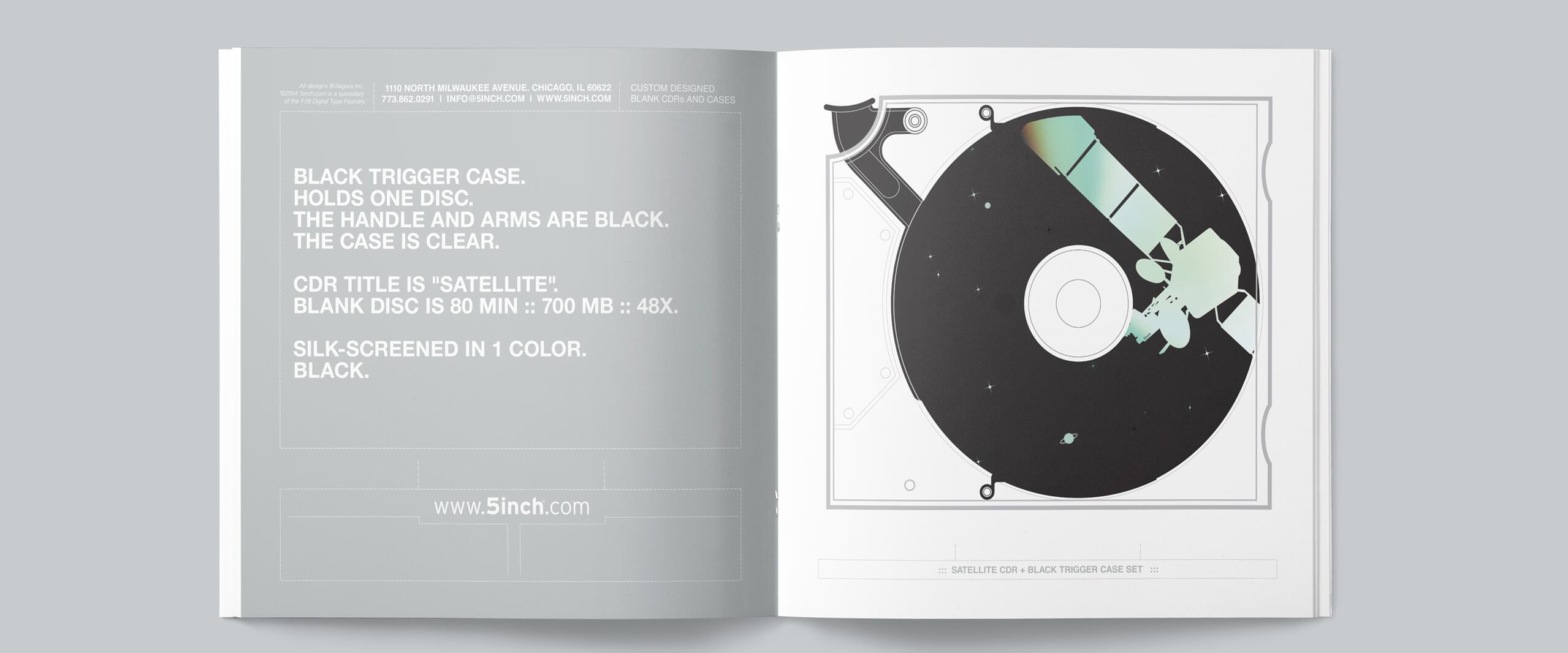 Open book showing a black circular graphic resembling a CD with a satellite design on one page, and text describing CD specifications on the opposite page. Gray background with minimalist design.