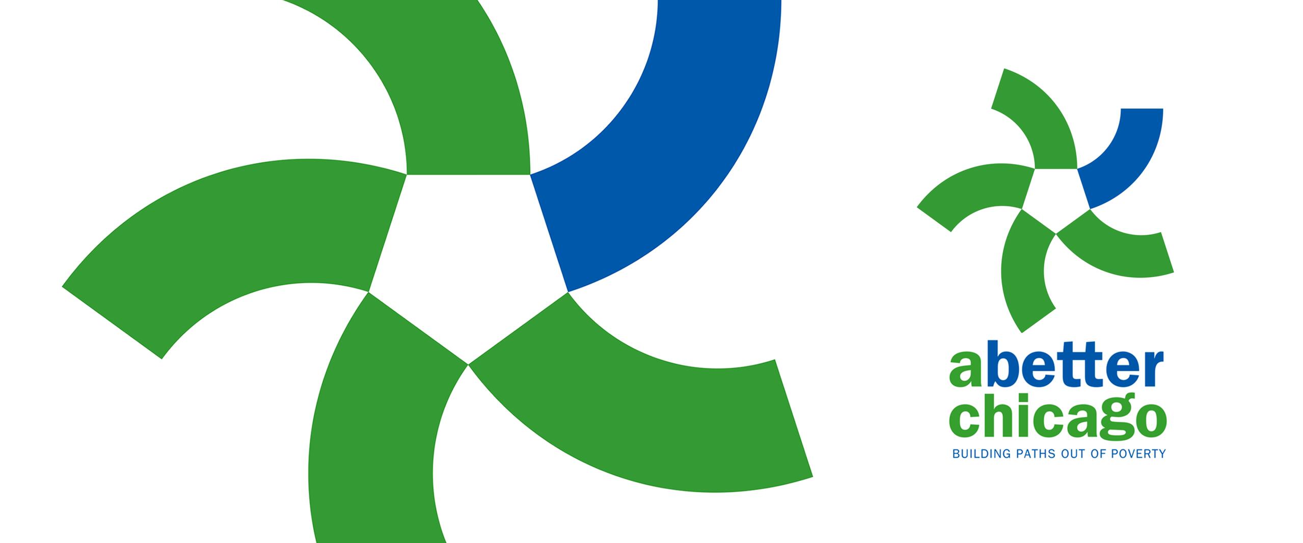 Green and blue pinwheel logo with text "abetter chicago, building paths out of poverty" in green and blue letters.