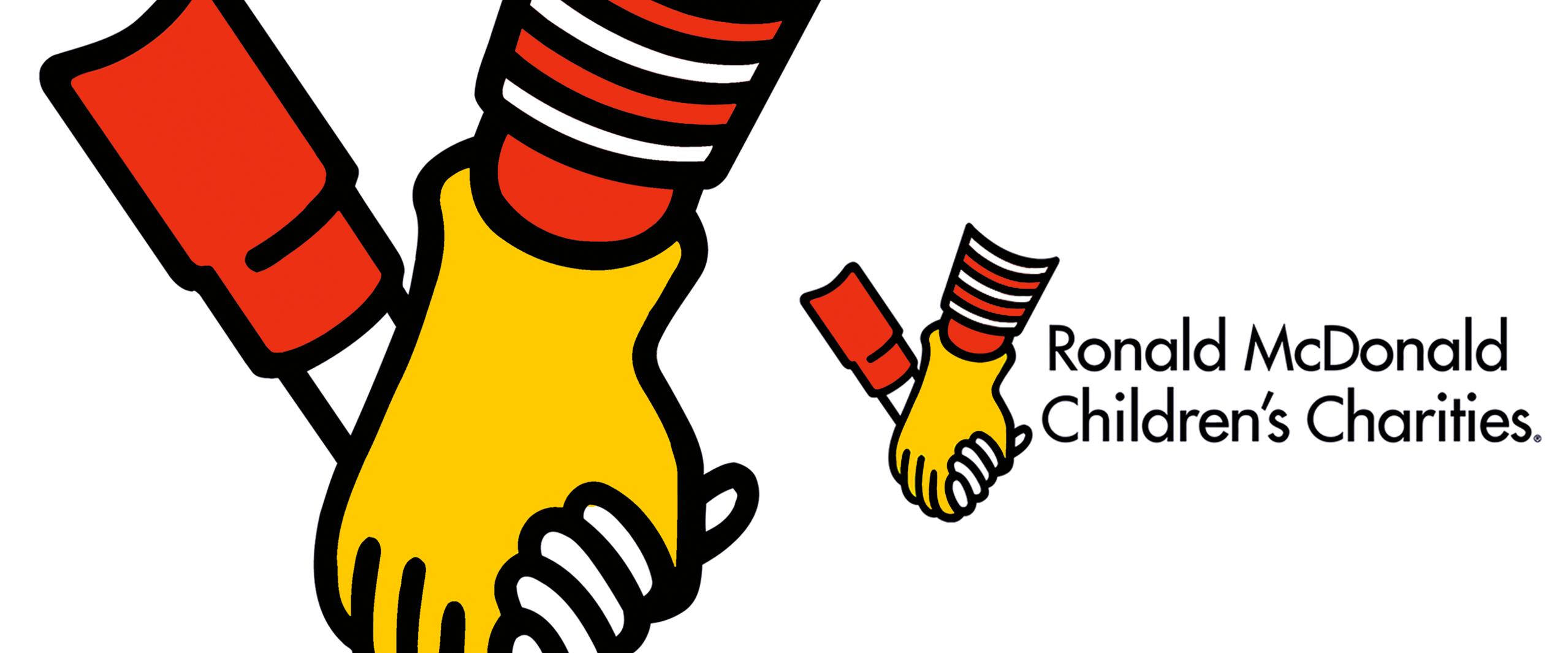 Logo of a red-gloved hand holding a yellow-gloved hand with a red and white striped sleeve. Text reads "Ronald McDonald Children's Charities."