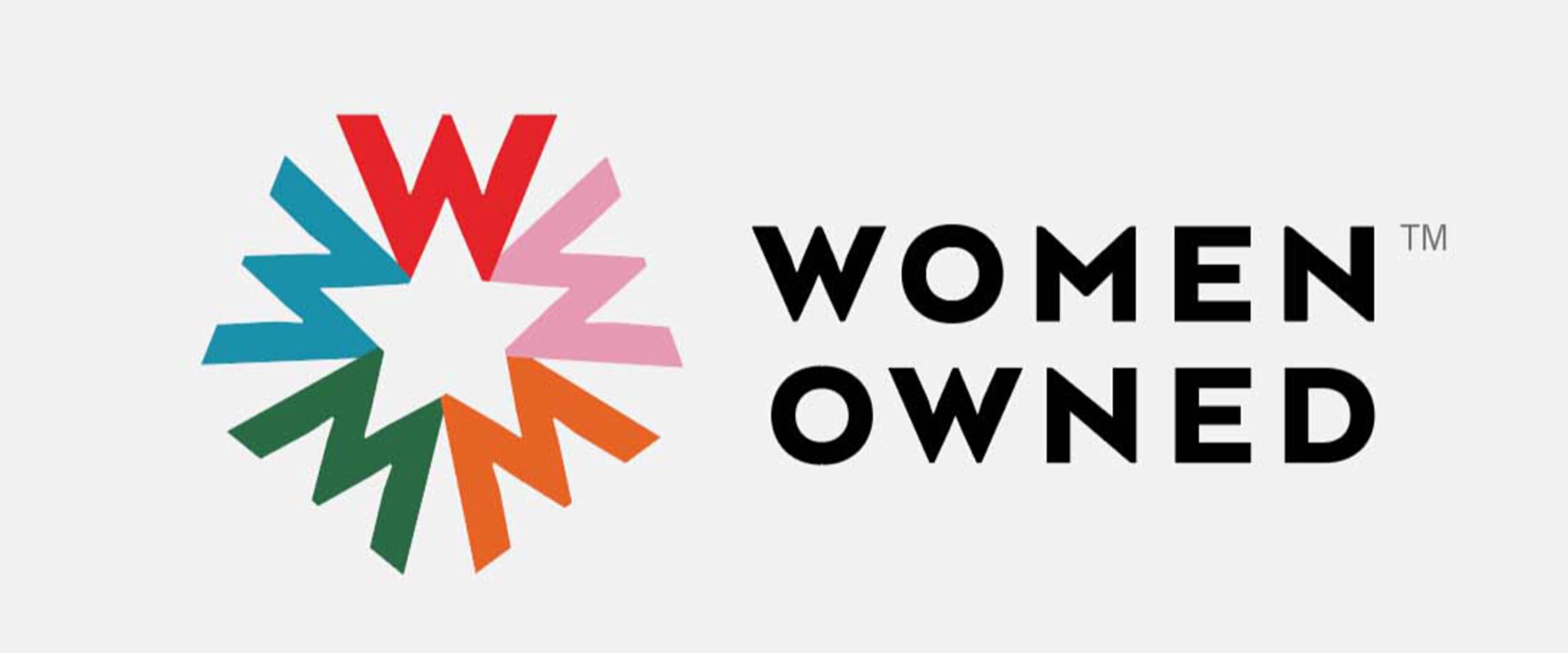Colorful logo with a geometric star made from interlocking "W" shapes in red, blue, pink, green, orange. Text on the right reads "Women Owned" in black.