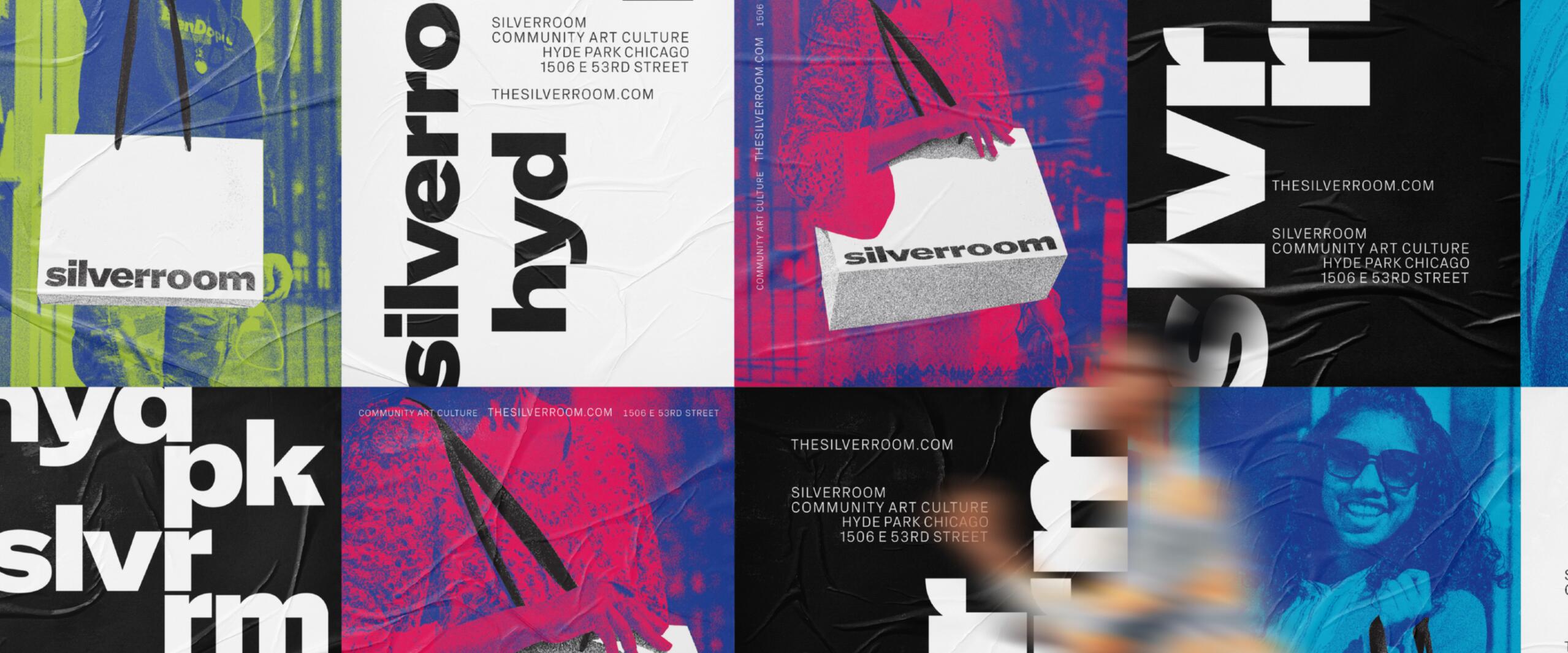 Collage of posters featuring people holding Silverroom shopping bags in vibrant colors. Large text includes "silverroom," "hyd pk," and location details for The Silverroom in Hyde Park, Chicago.