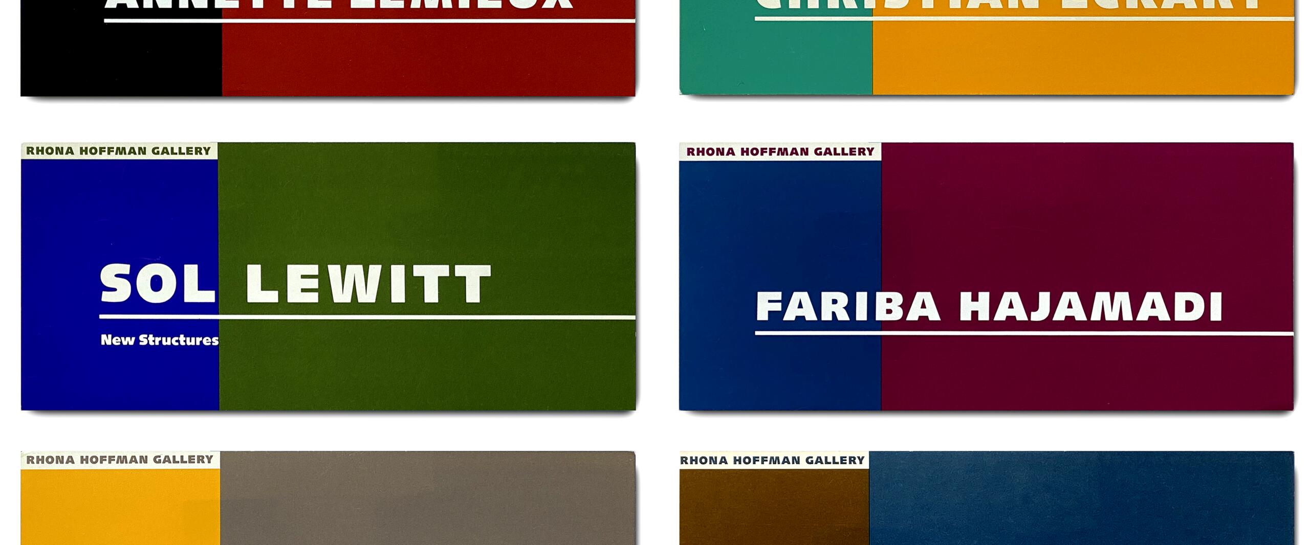 Colorful art gallery cards featuring names: Annette Lemieux on black and red, Christian Eckart on teal and orange, Sol LeWitt on blue and green, Fariba Hajamadi on blue and burgundy, Franz West on yellow and gray, Donald Lipski on brown and blue.