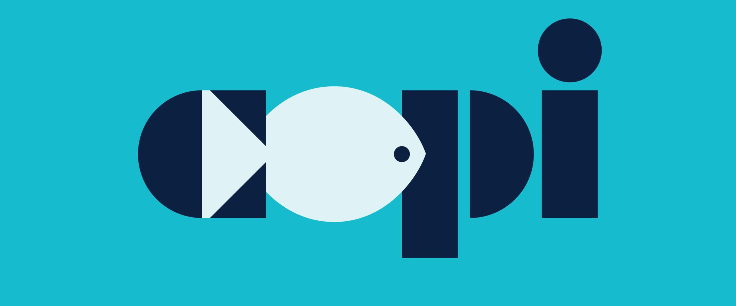 Stylized logo with the word "copi" incorporating geometric fish shapes, set against a turquoise background.
