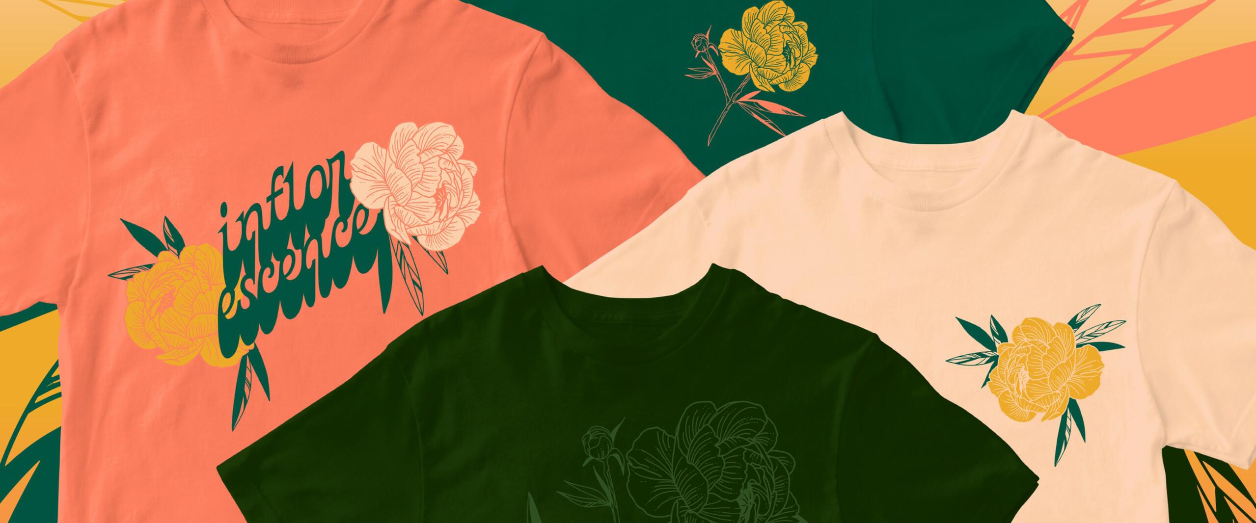 Four graphic t-shirts with floral designs in orange, green, and beige hues, featuring stylized flowers and text.背景有抽象叶子图案，色调为橙色和黄色。