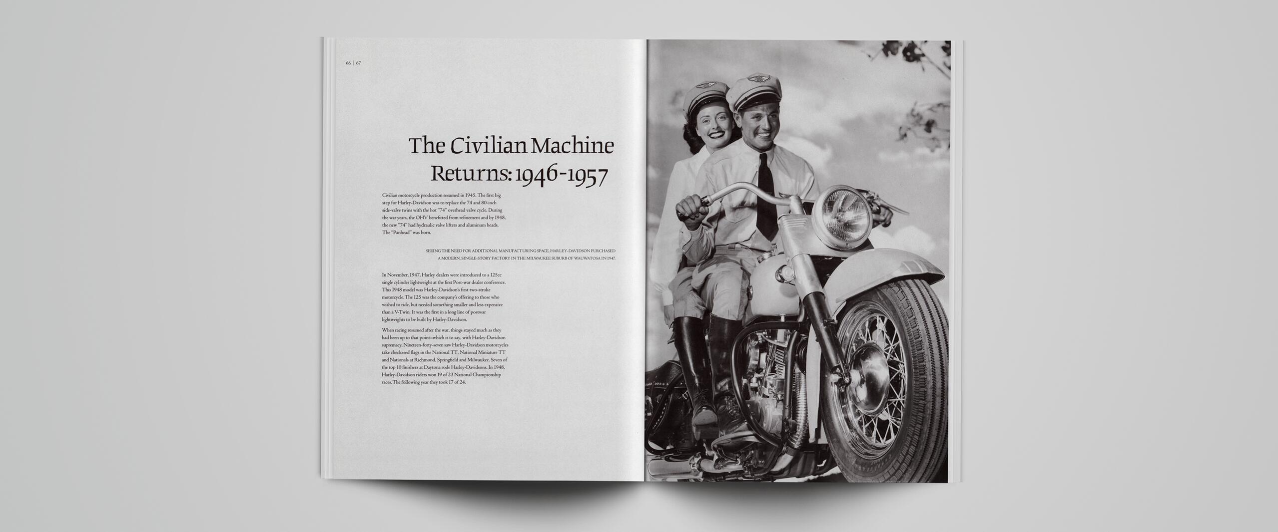 Open magazine showing a black and white photo of a smiling man and woman on a vintage motorcycle. The page on the left features an article titled "The Civilian Machine Returns: 1946-1957."