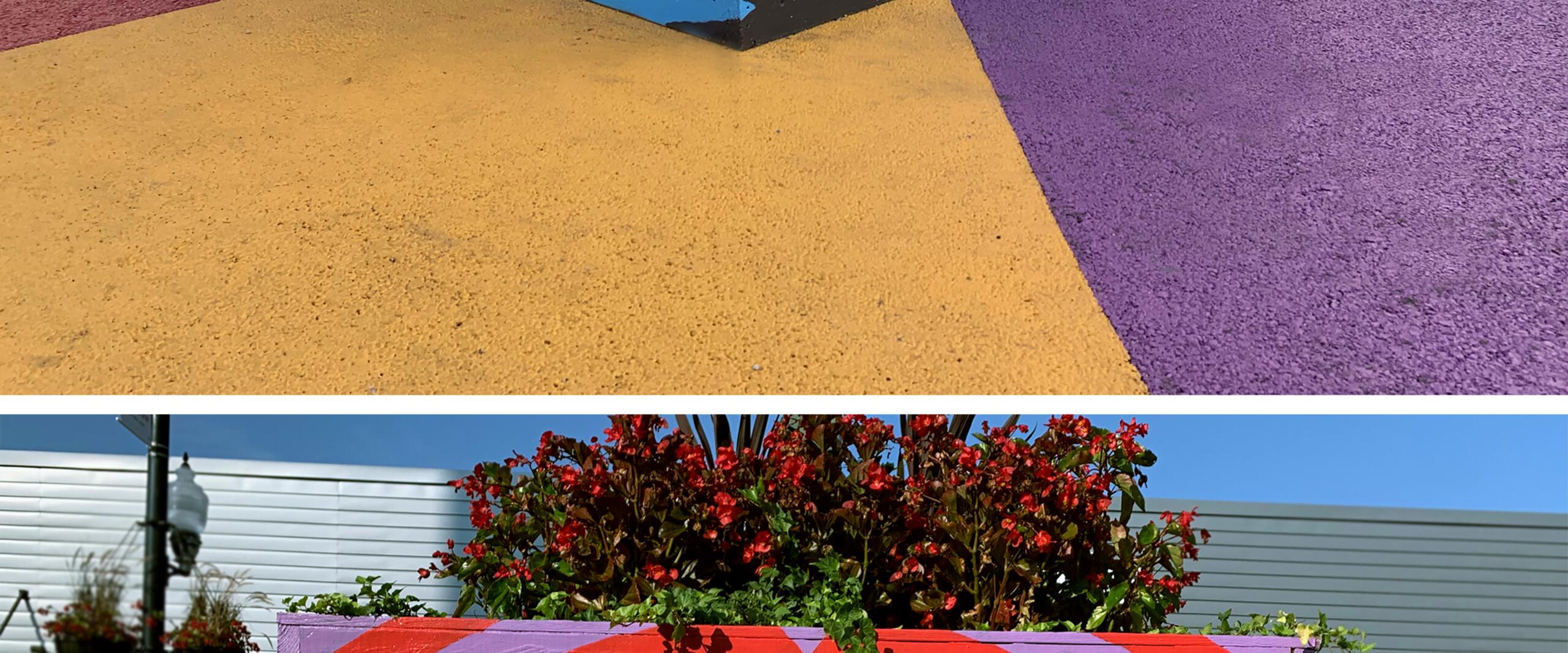 A large, square planter with colorful flowers on top, featuring abstract, vibrant murals with text. The top image shows a blue planter with pink and black text, while the bottom one has a red and purple striped pattern. Both are on a colorful, geometric ground.