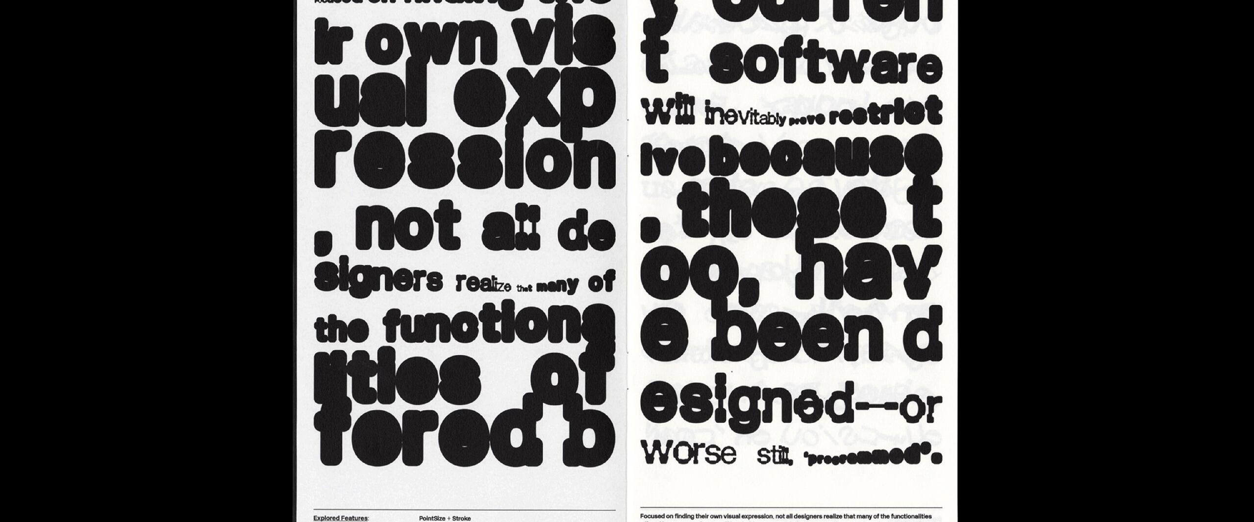 Two pages with bold, distorted black text on a white background, difficult to read due to exaggerated letterforms.
