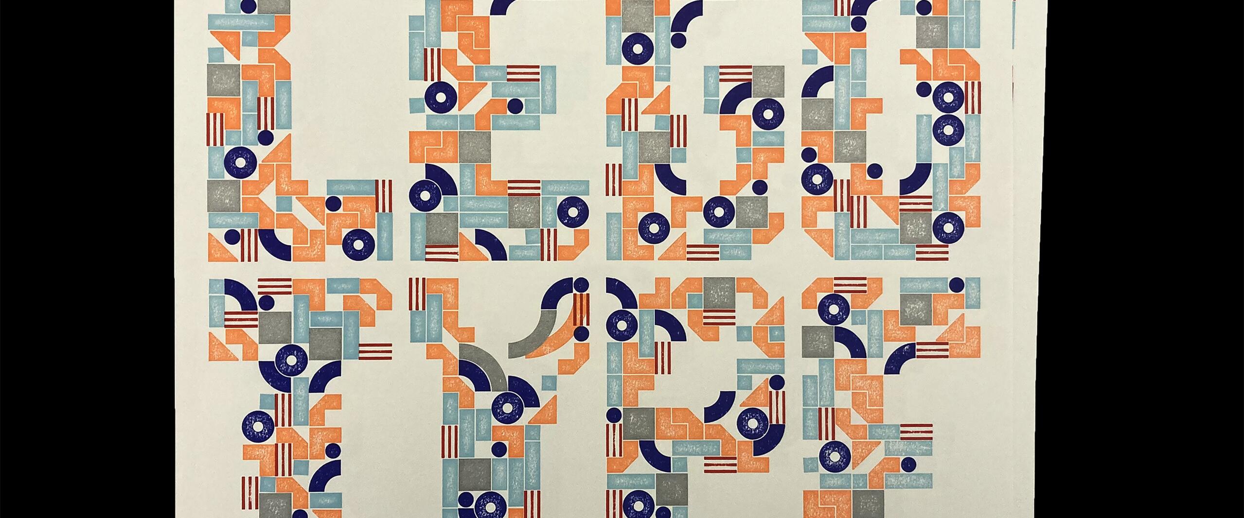 Abstract geometric design forming the word "LET'S TYPE" in orange, blue, gray, and red, on a white background. The shapes include circles, lines, and rectangles, creating a modular and vibrant pattern.