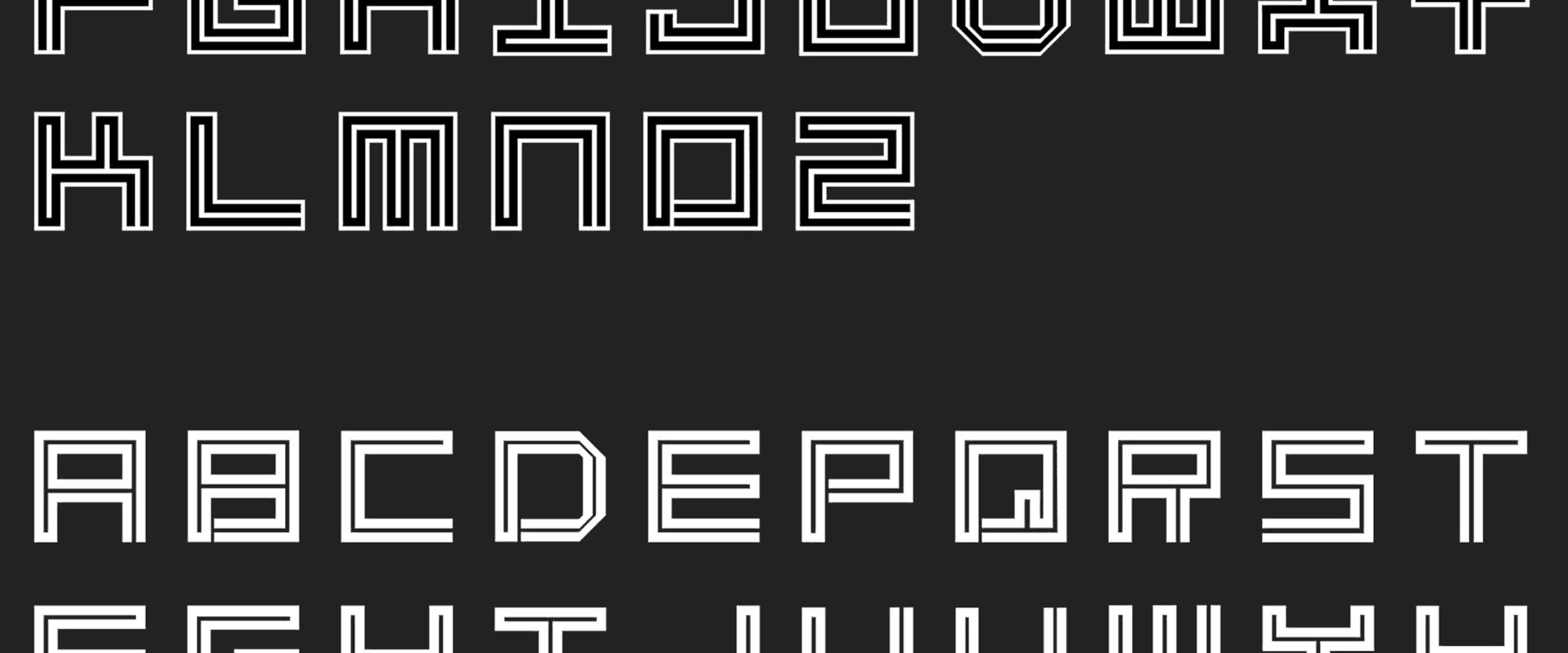 Stylized geometric alphabet with double-lined letters and numbers, displayed in two sections against a dark background.
