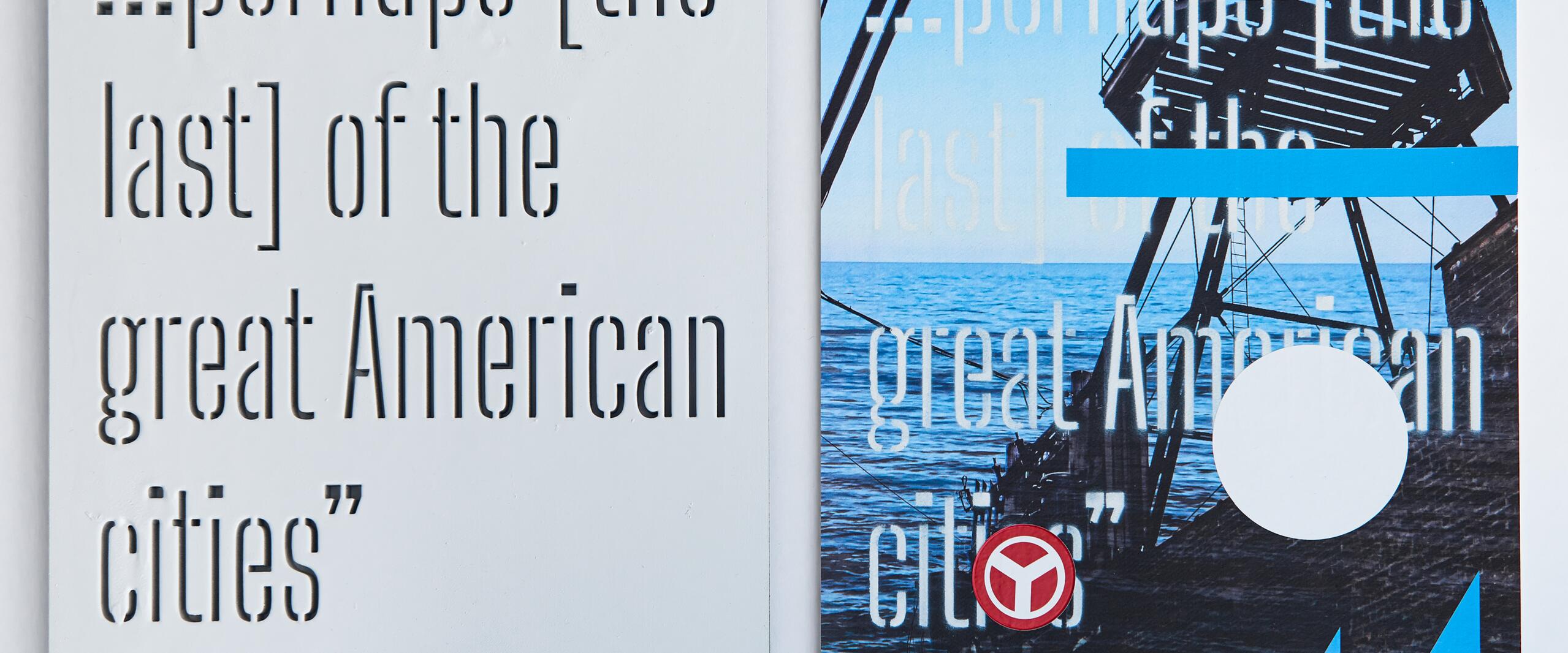Two side-by-side covers featuring layered text over a black and white industrial scene with a blue sky. The left cover has a plain gray background with cut-out text. The right cover shows part of a ship and water, incorporating blue geometric elements and "Chicago, USA" text.