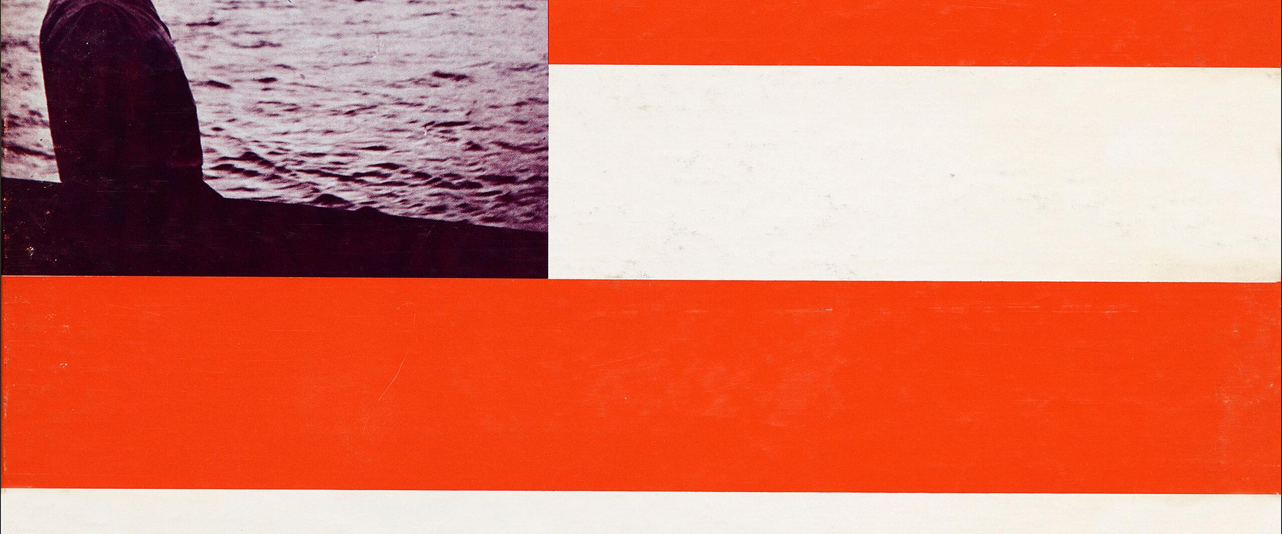 Silhouette of a person by a waterfront at dusk, with bold orange and white stripes in the background.