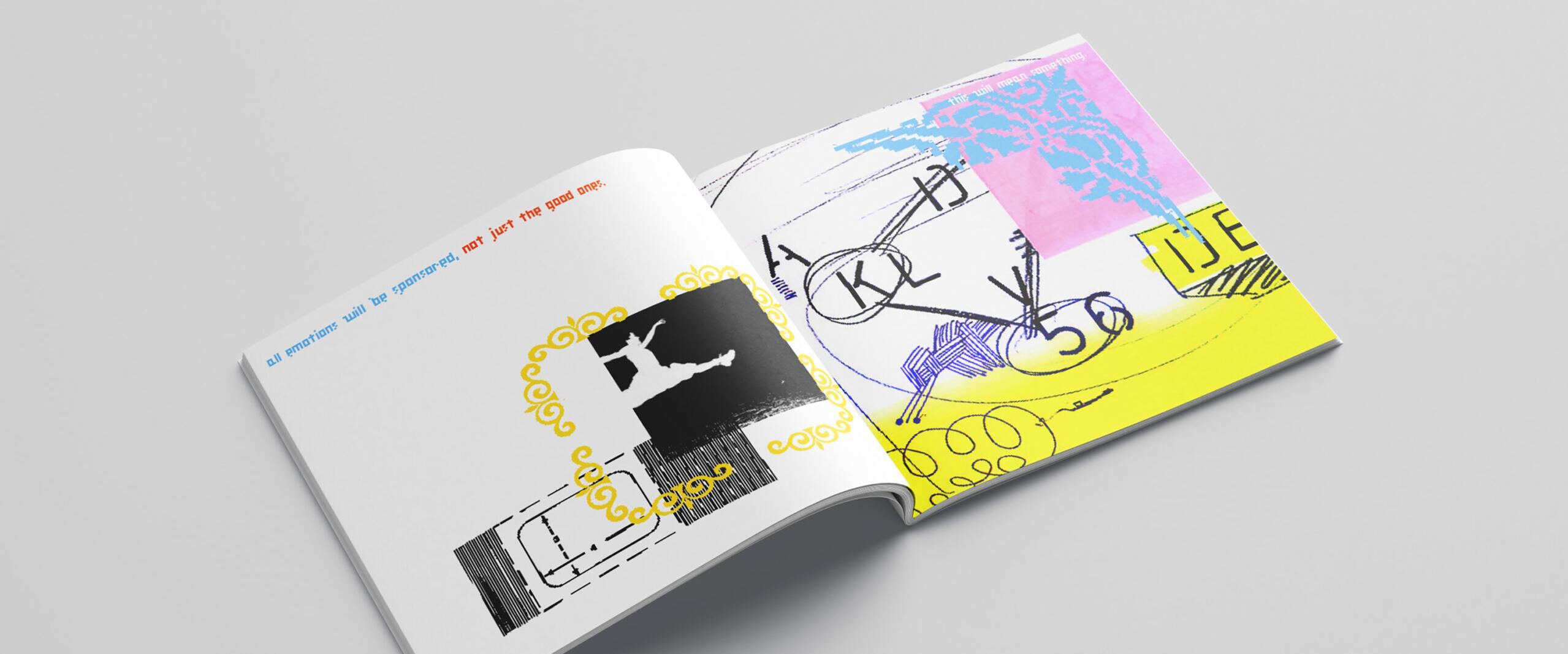 Open magazine showing abstract art and text, featuring a black and white silhouetted figure surrounded by yellow swirls on the left page, and colorful sketches on the right page filled with pink, blue, and yellow tones.