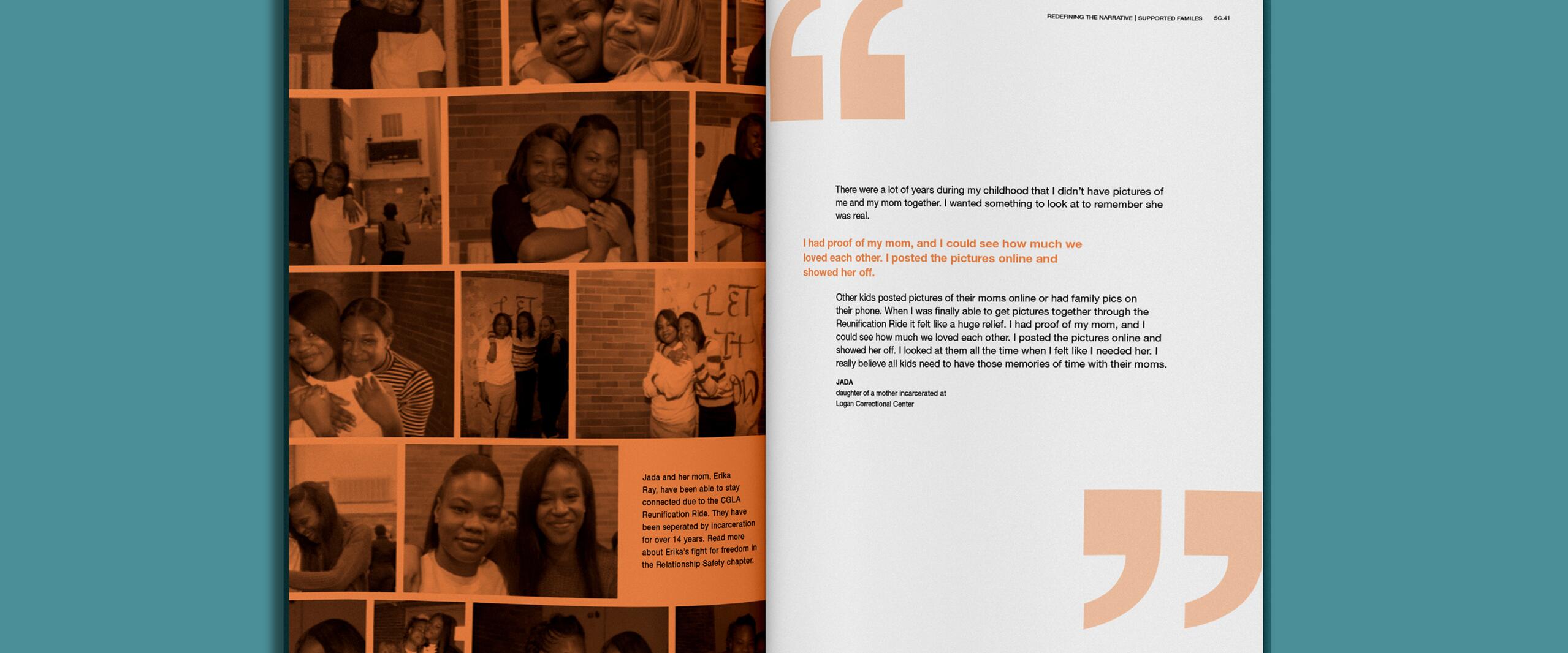 Magazine spread featuring a collage of sepia-toned photos of a woman and a young girl on the left page, smiling and embracing. The right page contains a story in black text, with a large orange quotation mark, emphasizing proof of love and memory through photos.
