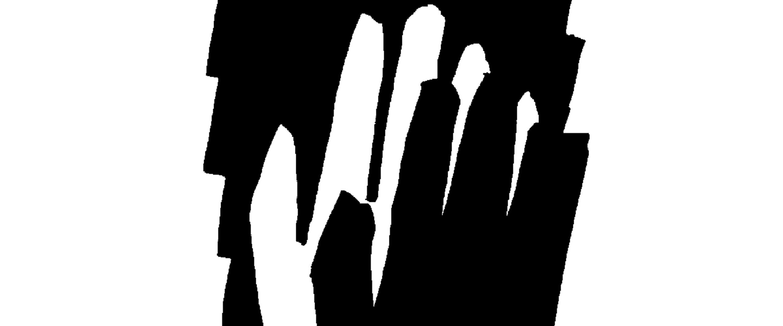 Abstract black brush strokes on a white background, resembling an irregular, jagged shape.